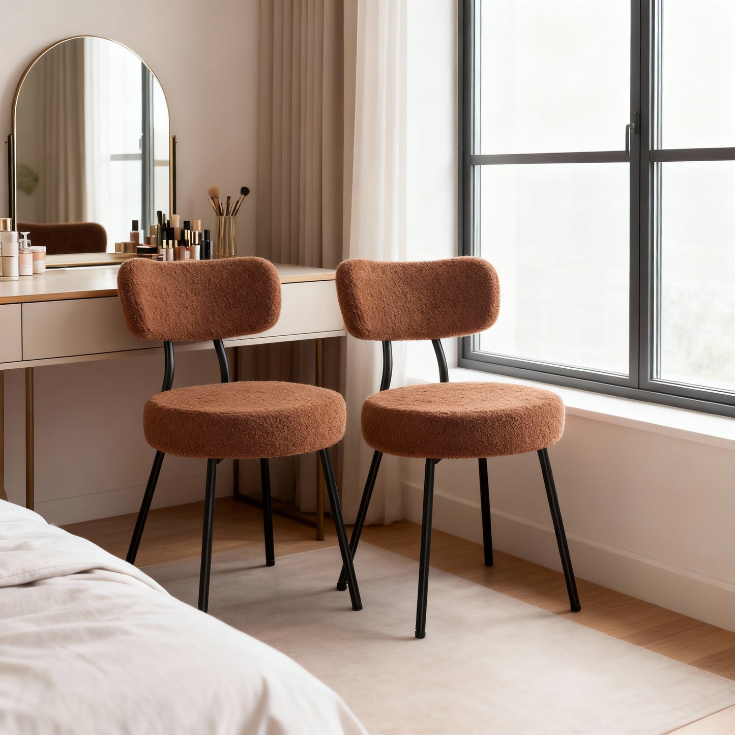 LEDREM Boucle Dining Chairs Set of 2, Modern Upholstered Dining Chairs with Curved Backrest, Steel Frame, for Kitchen, Dining Room, Coffee Brown