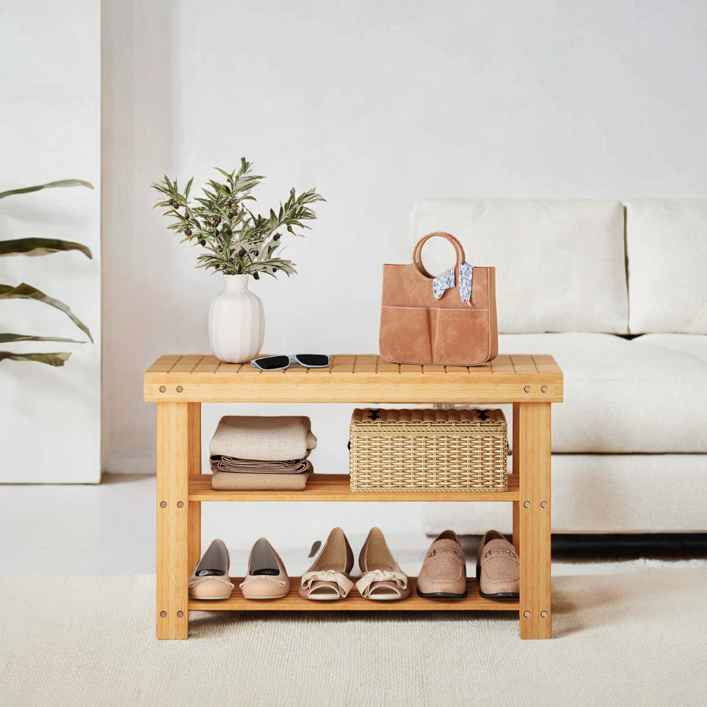 3-Tier Bamboo Shoe Bench Organizer, Multi-Functional Entryway Storage with Seat, 286lb Capacity, Quick Assembly, Natural