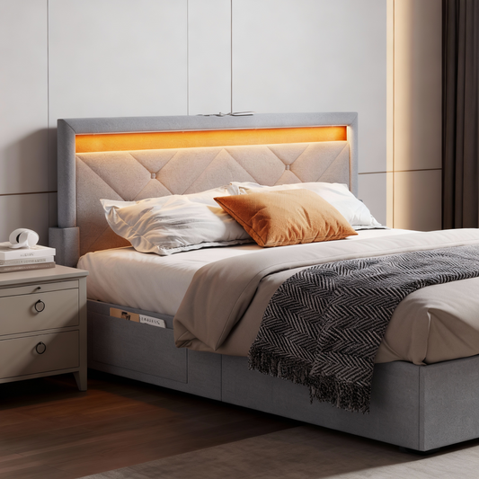 Queen Size LED Platform Bed Frame, Adjustable 36.7/39.3 Inch Upholstered Headboard with 4 Drawers, 2 Charging Ports & Storage Bags, Light Gray