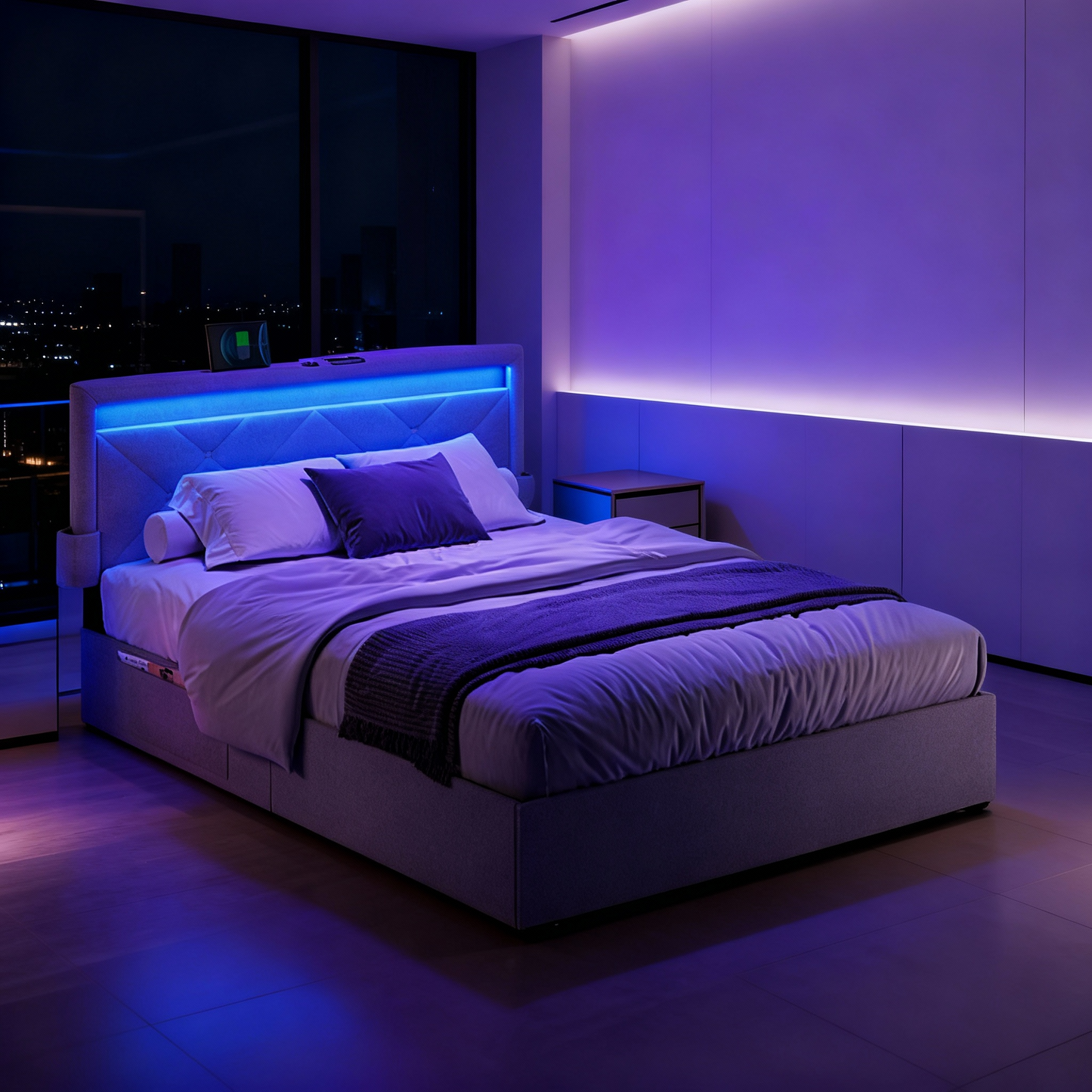 Queen Size LED Platform Bed Frame, Adjustable 36.7/39.3 Inch Upholstered Headboard with 4 Drawers, 2 Charging Ports & Storage Bags, Light Gray