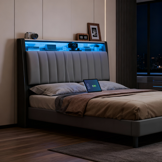 Queen Size LED Storage Bed Frame with Charging Station (4 Ports), Adjustable Lights & Upholstered Headboard, Dove Gray and Camel Brown