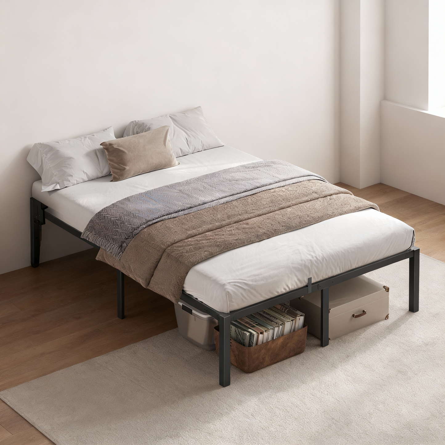 Queen Size Heavy-Duty Metal Platform Bed Frame, 10-Minute Tool-Free Assembly, Supports 1500 lbs & 16-Inch Underbed Clearance, Ink Black and Forest Green