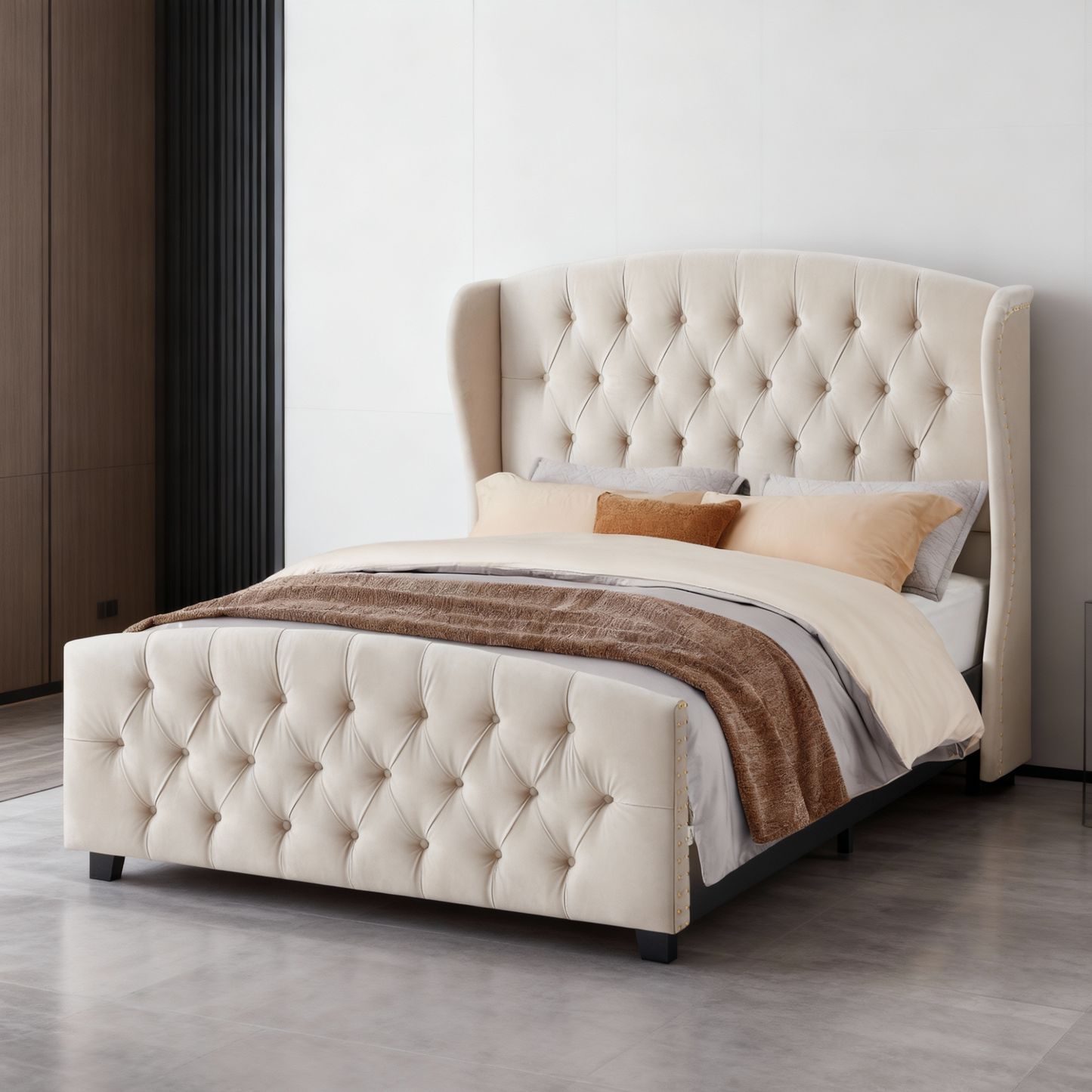 Queen Size Upholstered Platform Bed Frame, 50-Inch Tall Wingback Tufted Headboard & 25-Inch Footboard, 1000 lb Capacity, Cappuccino Beige