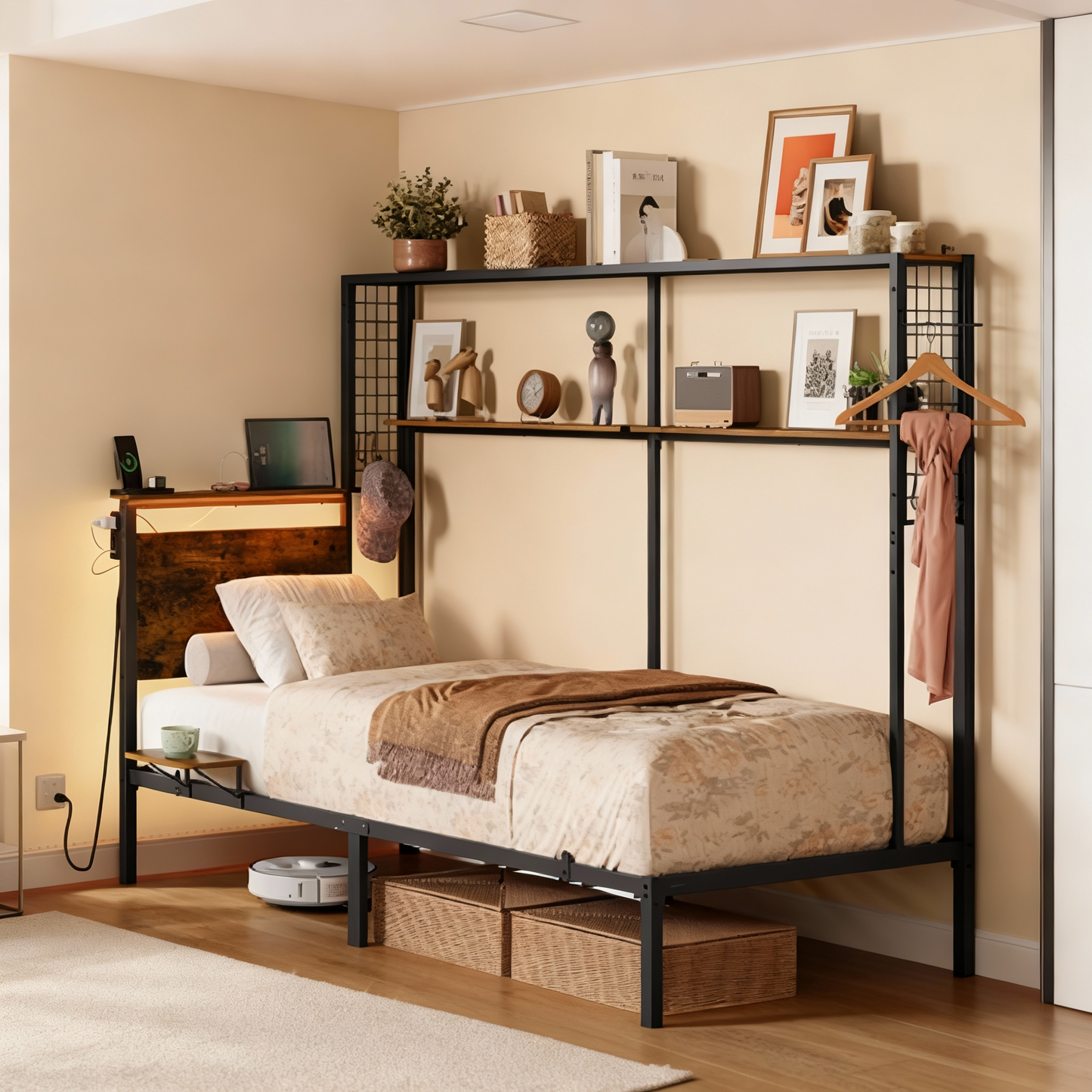 Twin Size All-in-One Metal Bed Frame with Bookshelf, LED Lights & 4-Port Charging Hub, Space-Saving Multifunctional Design, Rustic Brown