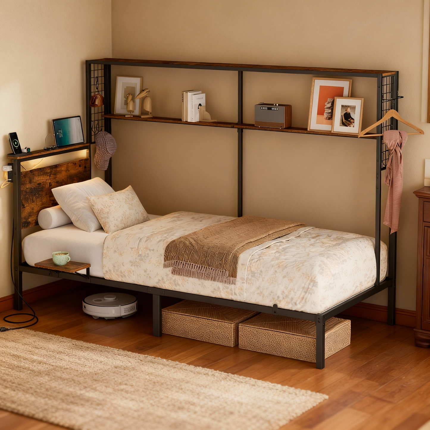 Twin Size All-in-One Metal Bed Frame with Bookshelf, LED Lights & 4-Port Charging Hub, Space-Saving Multifunctional Design, Rustic Brown