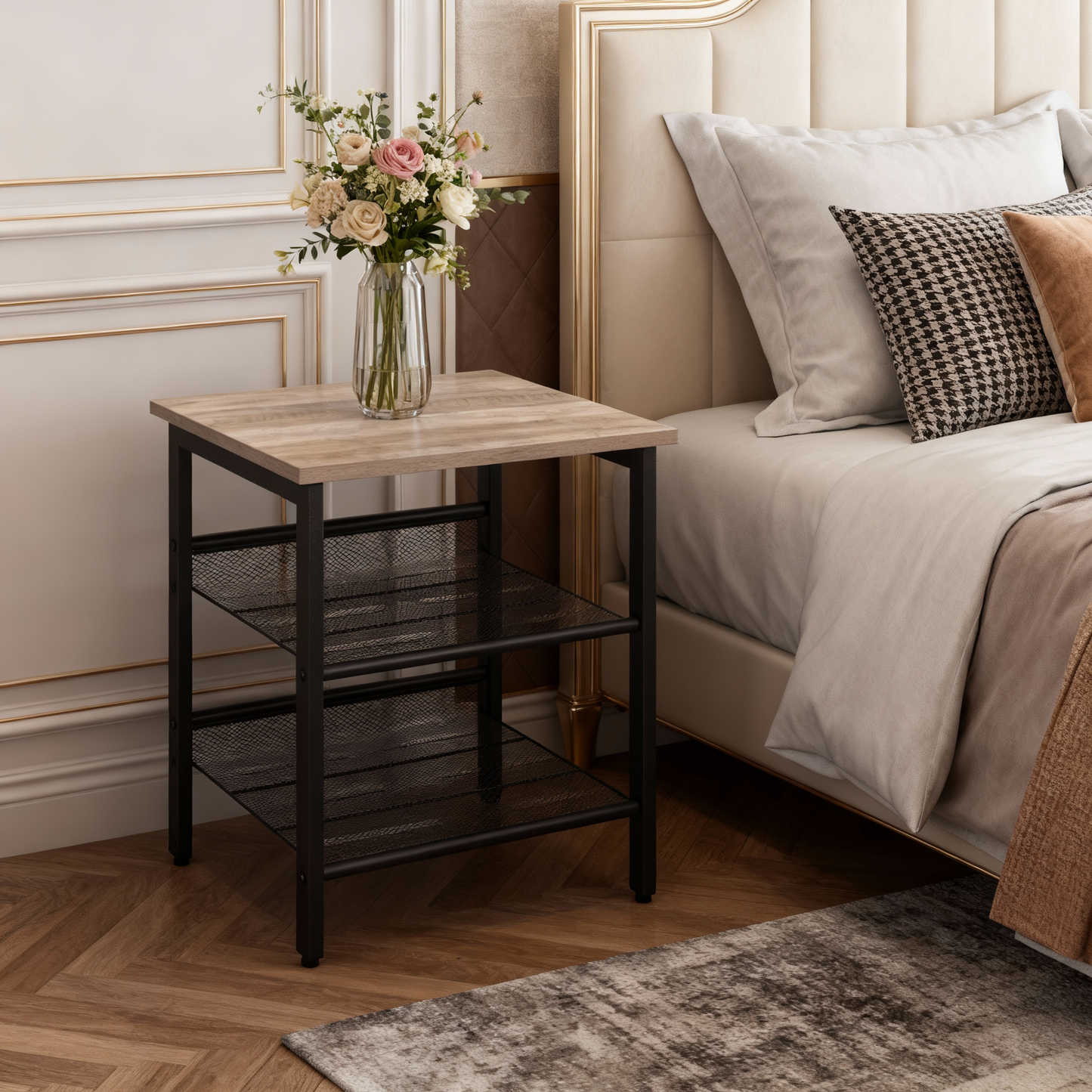 Nightstand Side Table with 2 Height‑Adjustable Mesh Shelves, Industrial Design with Sturdy Metal Frame, Easy to Put Together