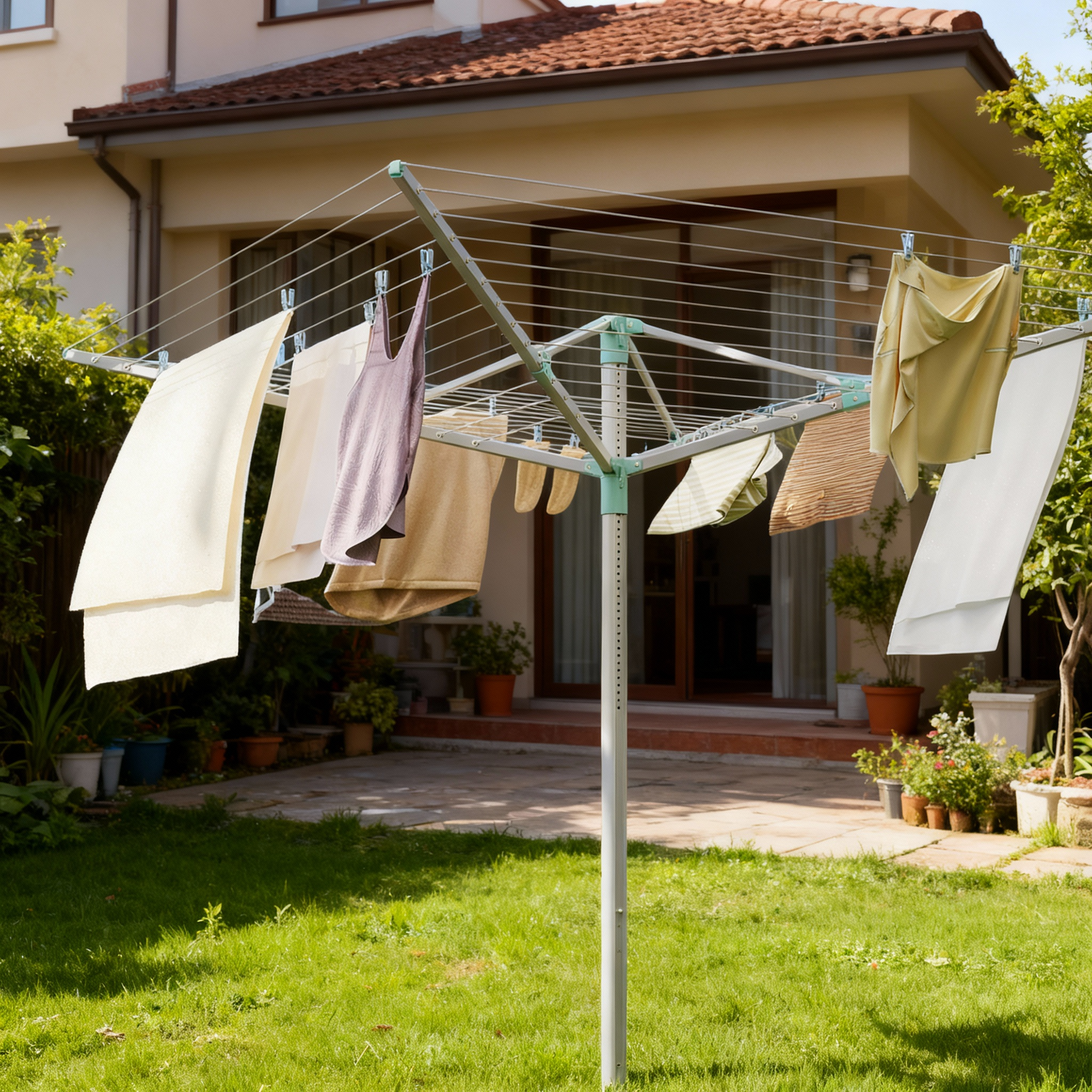 Retractable Outdoor Drying Rack, Height Adjustable Umbrella Clothesline 197 Ft Long, Holds 6 Loads with Ground Spike & Cover for Garden, Silver and Green