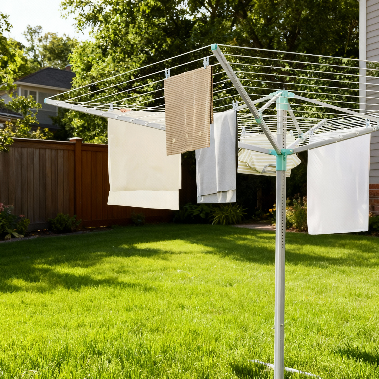 Retractable Outdoor Drying Rack, Height Adjustable Umbrella Clothesline 197 Ft Long, Holds 6 Loads with Ground Spike & Cover for Garden, Silver and Green