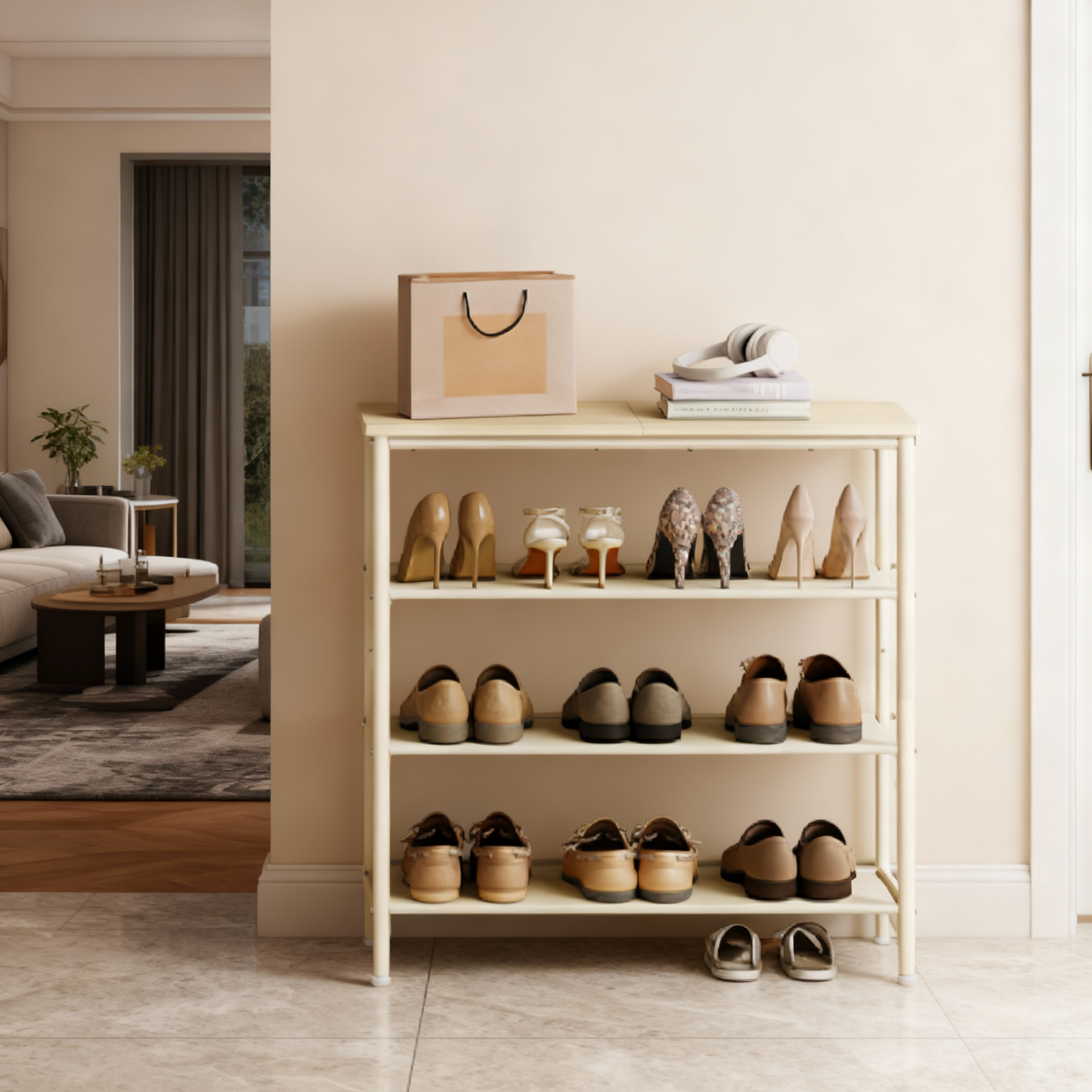 4-Tier Entryway Shoe Storage Organizer with 3 Fabric Shelves, Steel Frame Holds 9-12 Pairs, Adjustable Feet & Anti-Tip Kit, Natural Beige and Pearl White