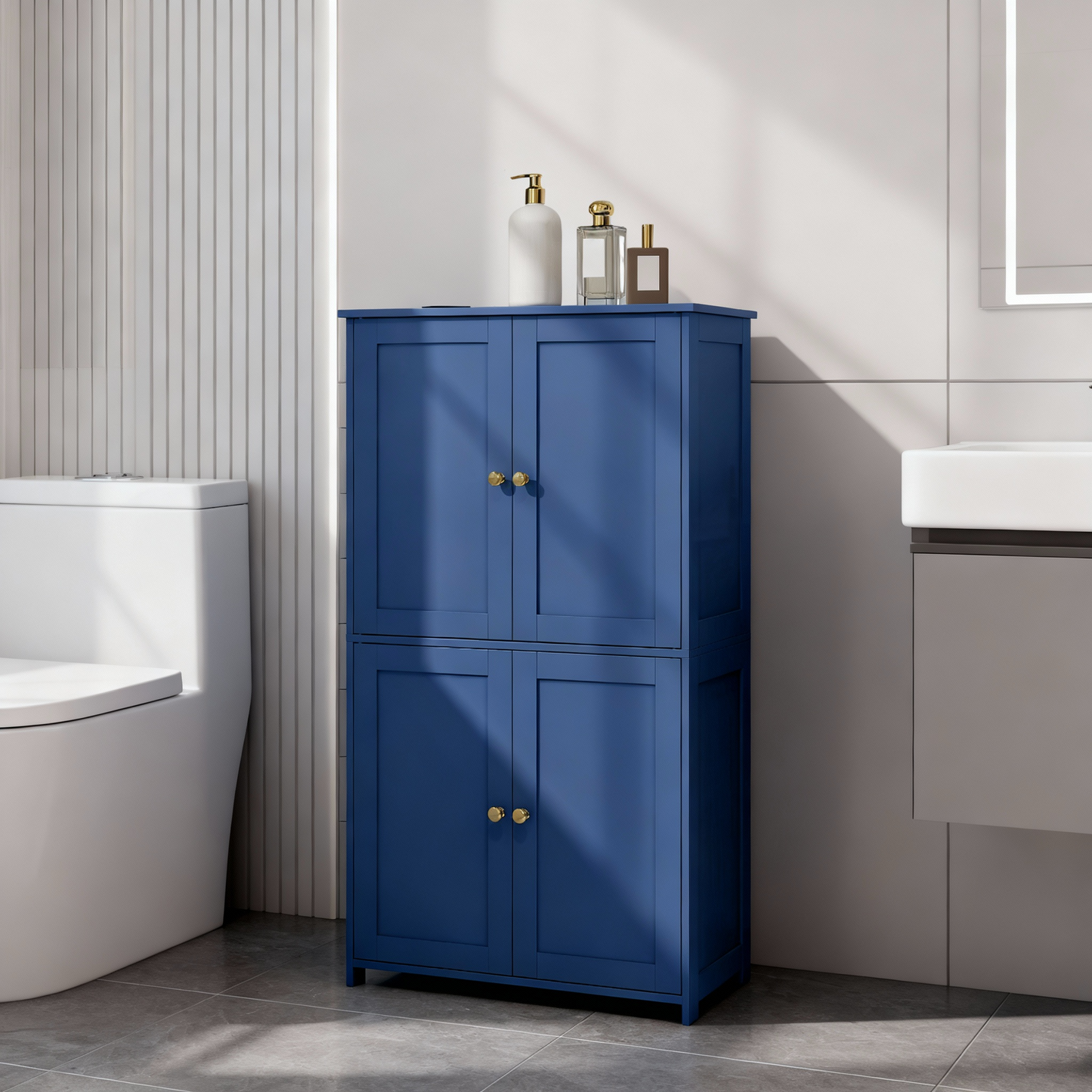 Bathroom Storage Floor Cabinet Organizer with Adjustable Shelf 4 Magnetic Doors 43" Wooden Pantry Cabinet Freestanding for Living Kitchen Room Small Spaces,Blue