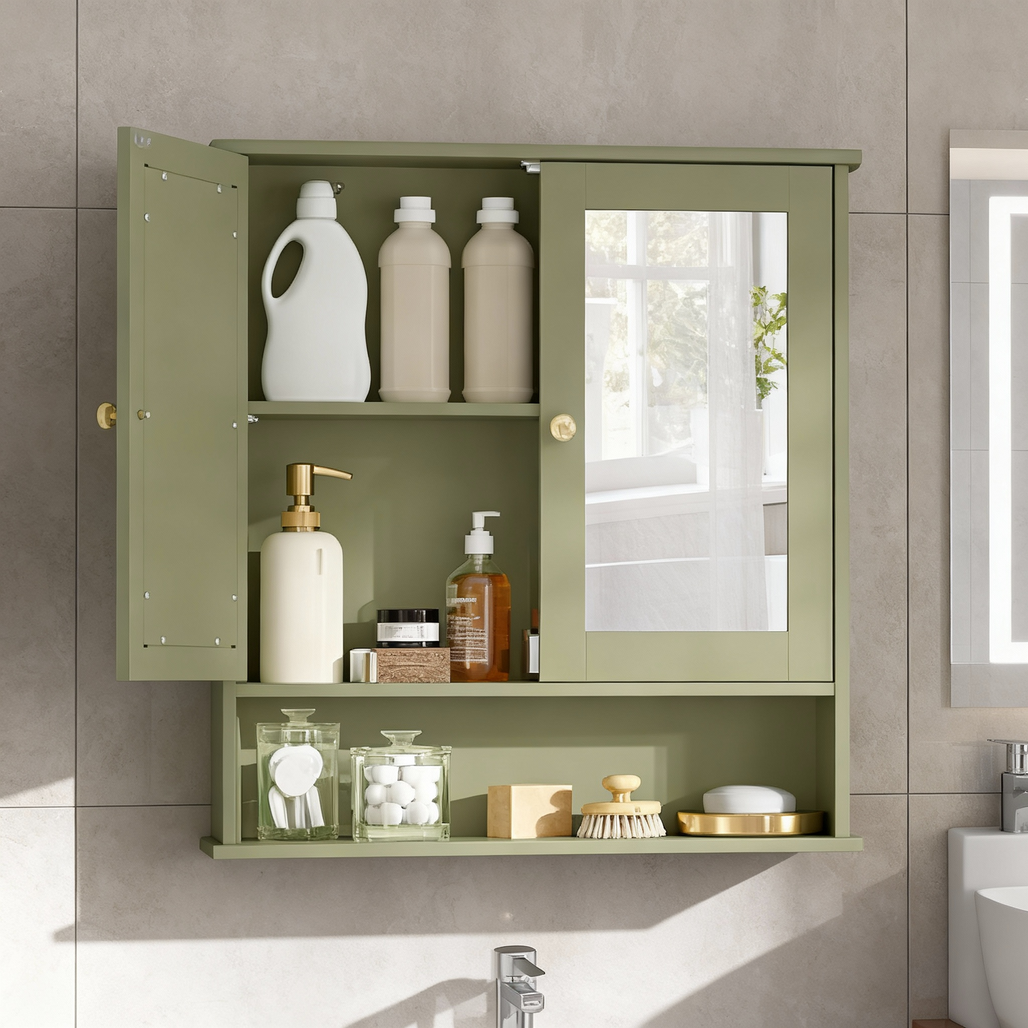 Bathroom Cabinet with 2 Mirrored Doors, Wall-Mounted Medicine Cabinet with Adjustable Shelf & Open Compartment