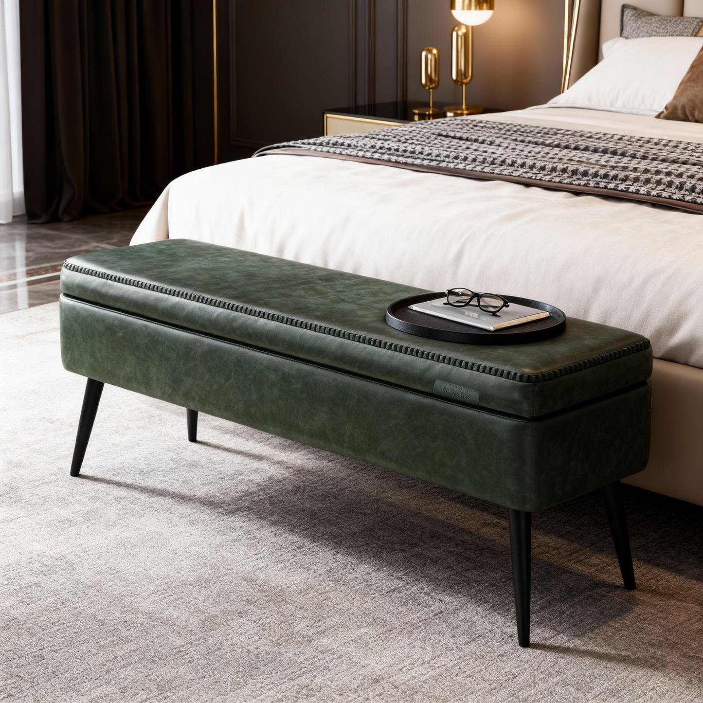 Storage Ottoman Bench, 15 Gal Entryway Bedroom Bench with Safety Hinges, Synthetic Leather Upholstery, 660 lb Capacity, Forest Green