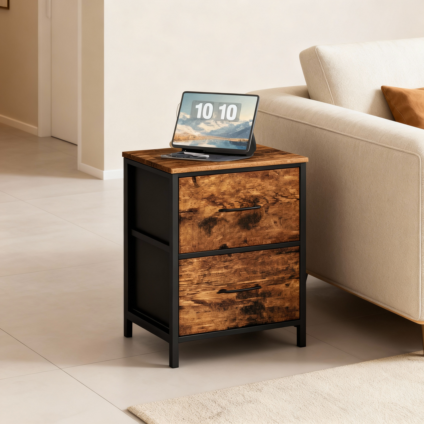 2-Drawer Storage Dresser with Steel Frame, Multi-Use Chest of Drawers for Bedroom, Closet and Entryway, Rustic Brown and Ink Black