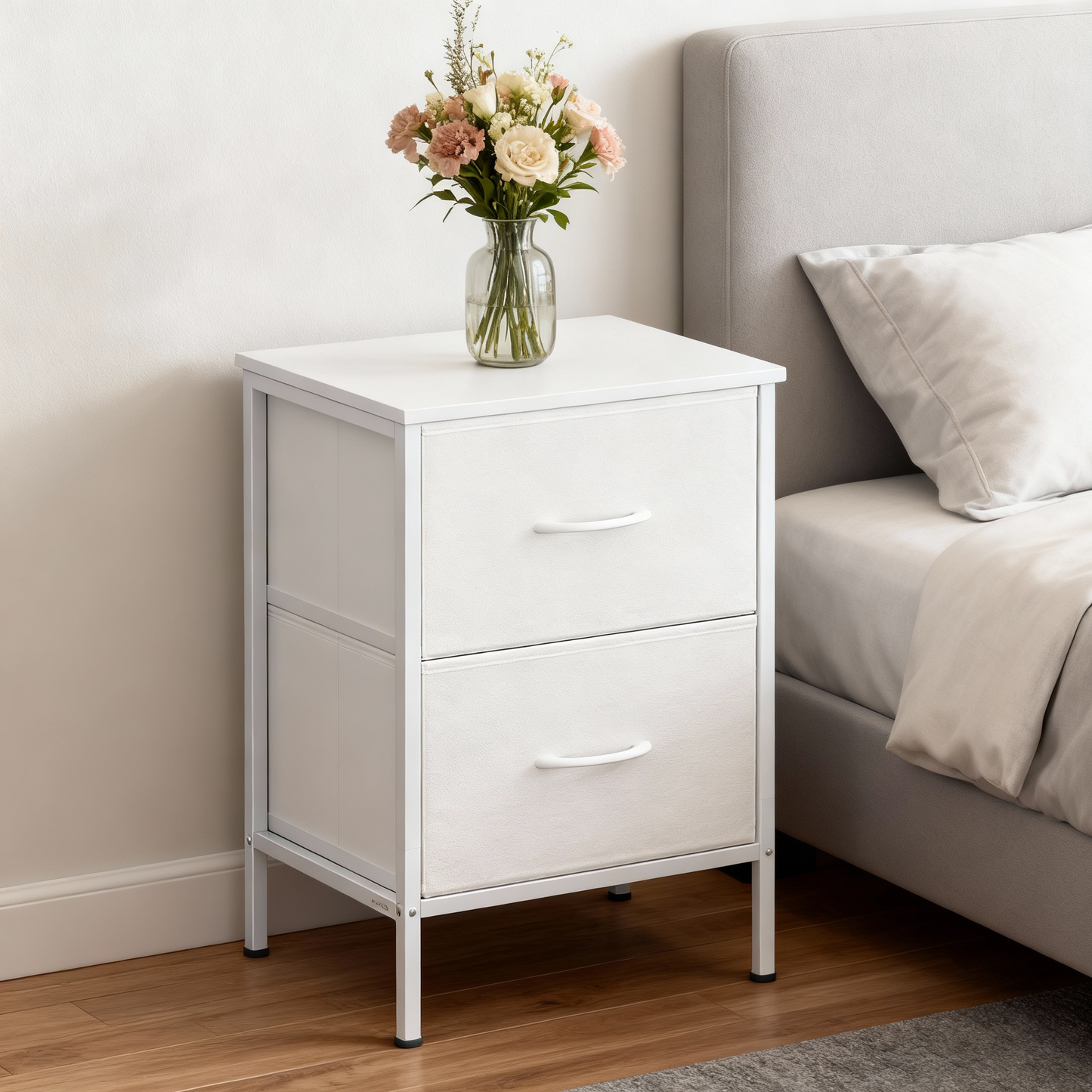 Modern 2-Drawer Storage Dresser, Steel Frame Fabric Chest of Drawers for Bedroom, Closet or Entryway, Cloud White and Snow White