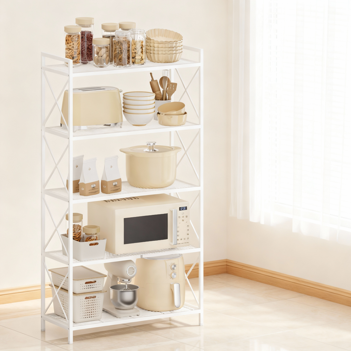 5-Tier Metal Storage Rack with Dense Mesh Shelves, X Side Frame Shelving Unit for Entryway, Kitchen and Bathroom, Cloud White