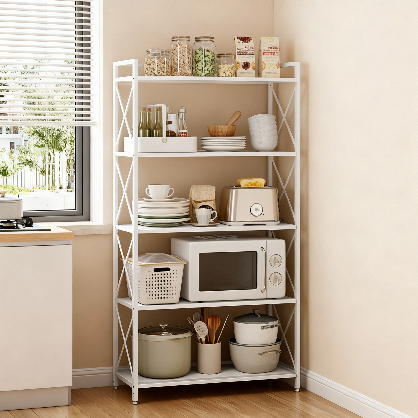 5-Tier Metal Storage Rack with Dense Mesh Shelves, X Side Frame Shelving Unit for Entryway, Kitchen and Bathroom, Cloud White