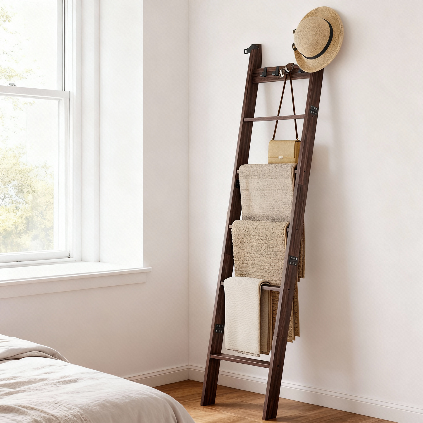 6-Tier Farmhouse Blanket Ladder Shelf, Leaning Storage Rack with 4 Hooks for Living Room Decor, Maroon Brown