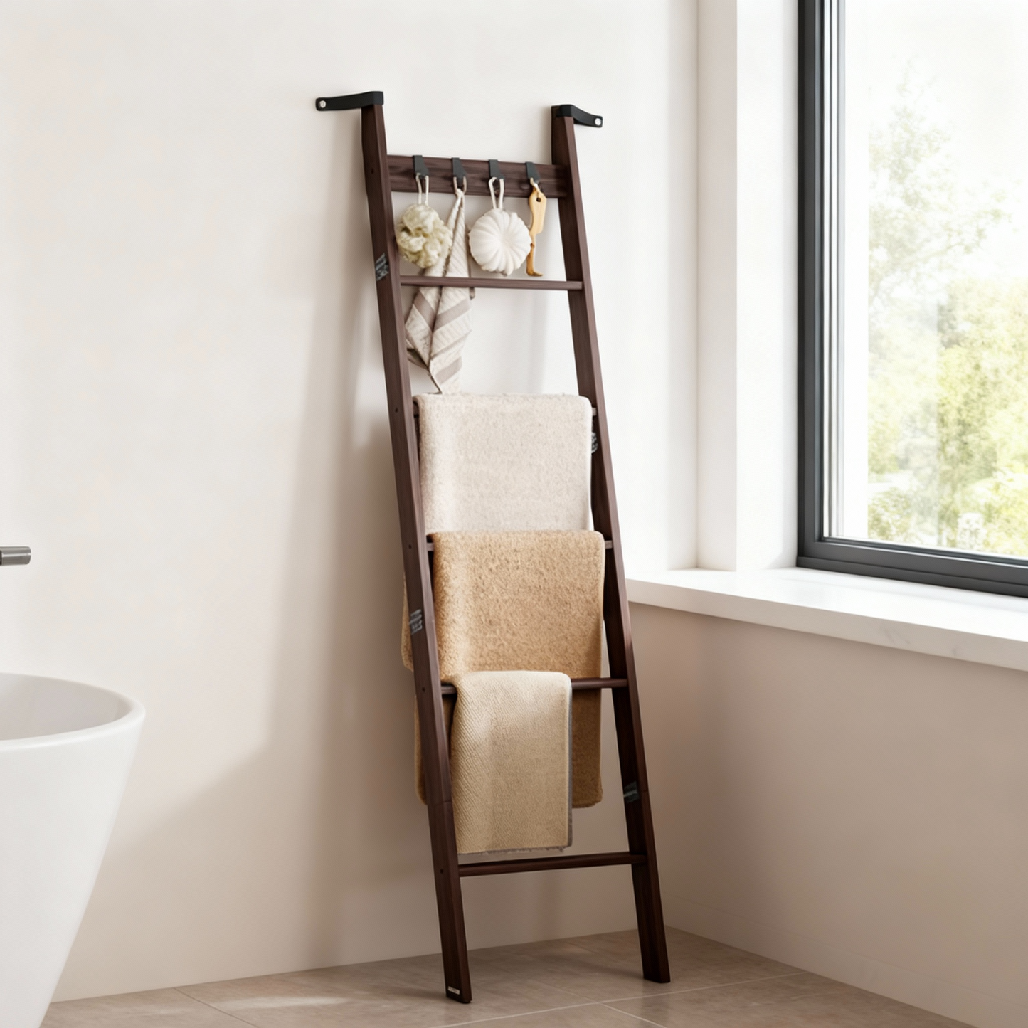 6-Tier Farmhouse Blanket Ladder Shelf, Leaning Storage Rack with 4 Hooks for Living Room Decor, Maroon Brown