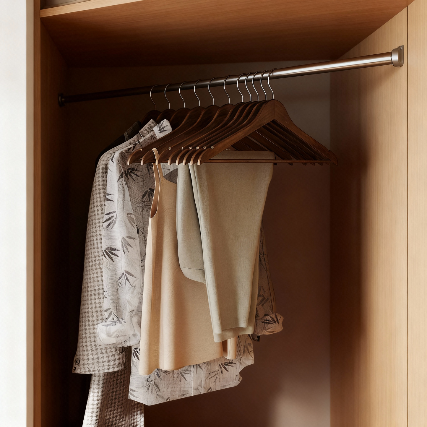 Pack of 30 Solid Birch Wood Hangers with Pants Bar, 0.3-Inch Slim Coat Hangers with 360° Swivel Hooks, Walnut Brown