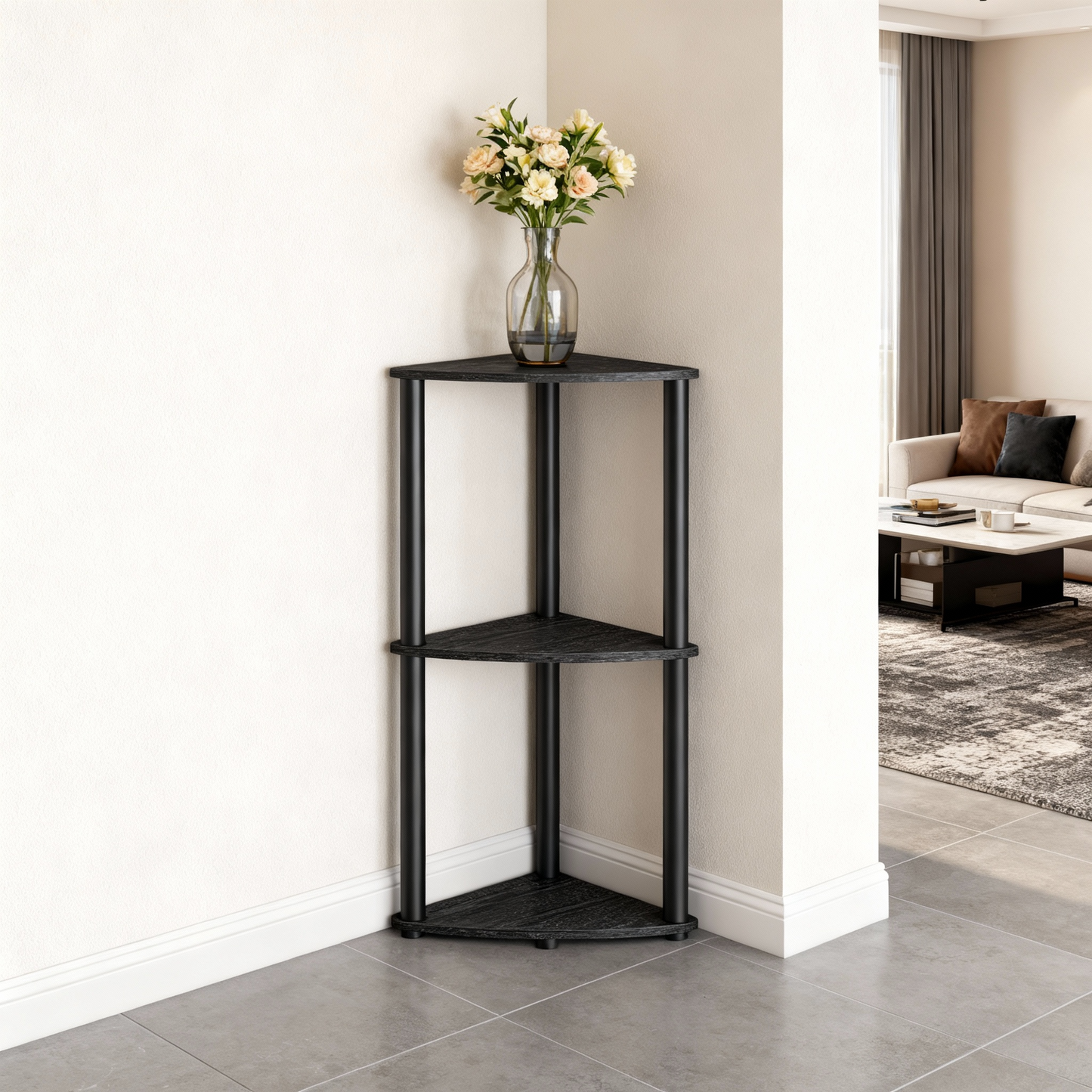 3-Tier Corner Shelf with Toolless Assembly, 15 x 10.6 Inch Standing Shelf for Living Room, Bedroom and Kitchen, Ink Black