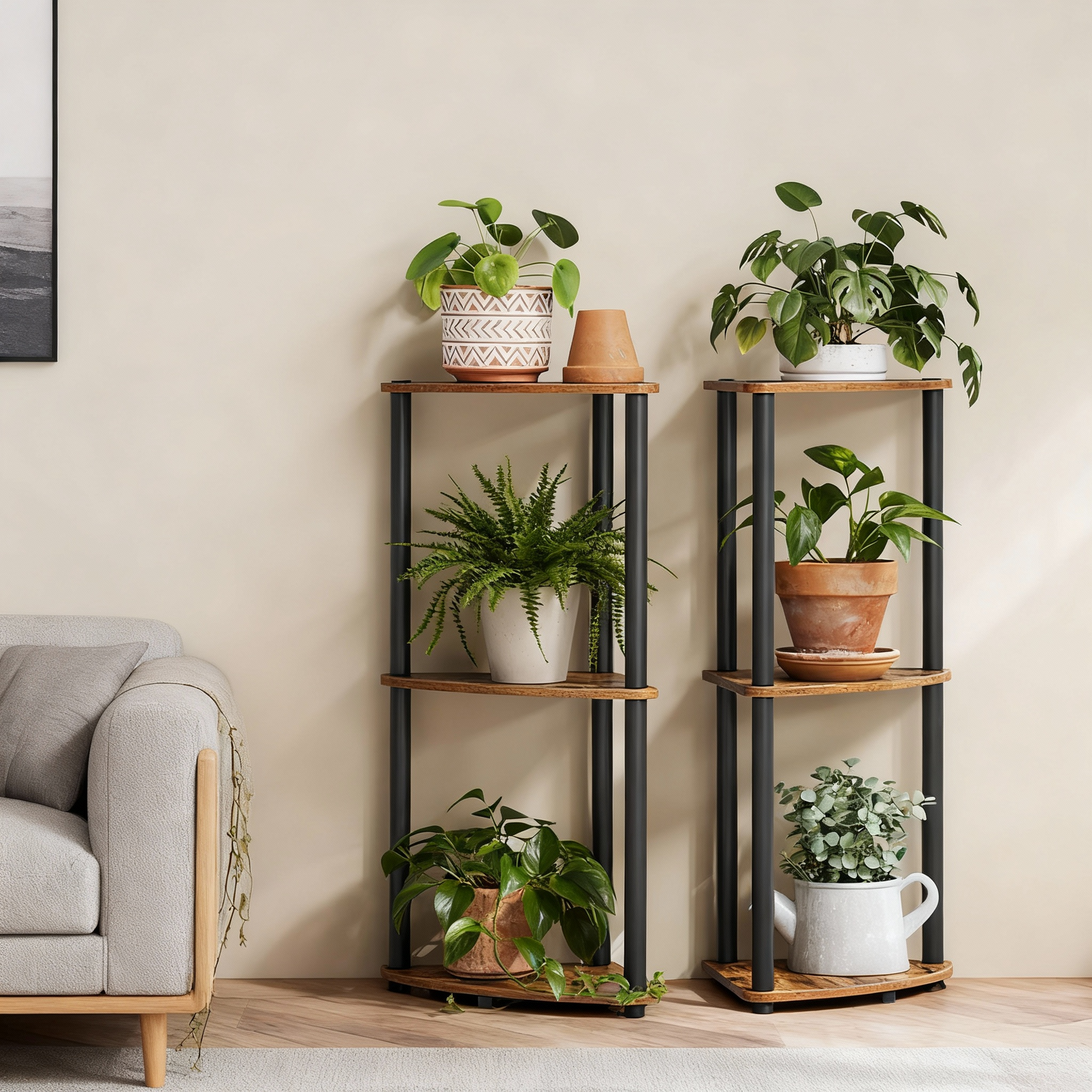 3-Tier Corner Shelf with Toolless Assembly, 15 x 10.6 Inch Standing Shelf for Living Room, Bedroom and Kitchen, Rustic Brown