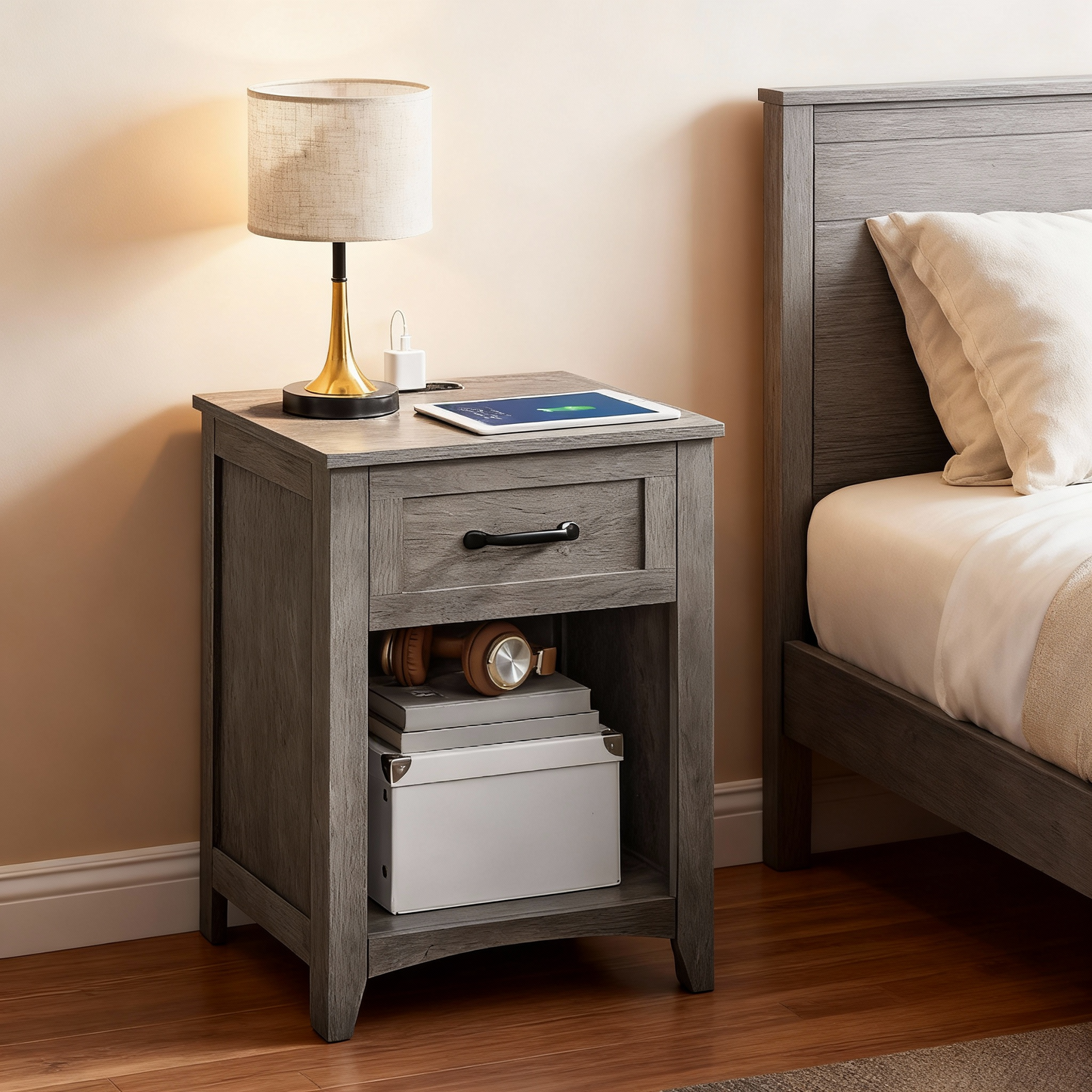 Set of 2 Farmhouse Nightstands with Charging Station, Side Tables with Drawer and Open Shelf for Bedroom, Misty Gray