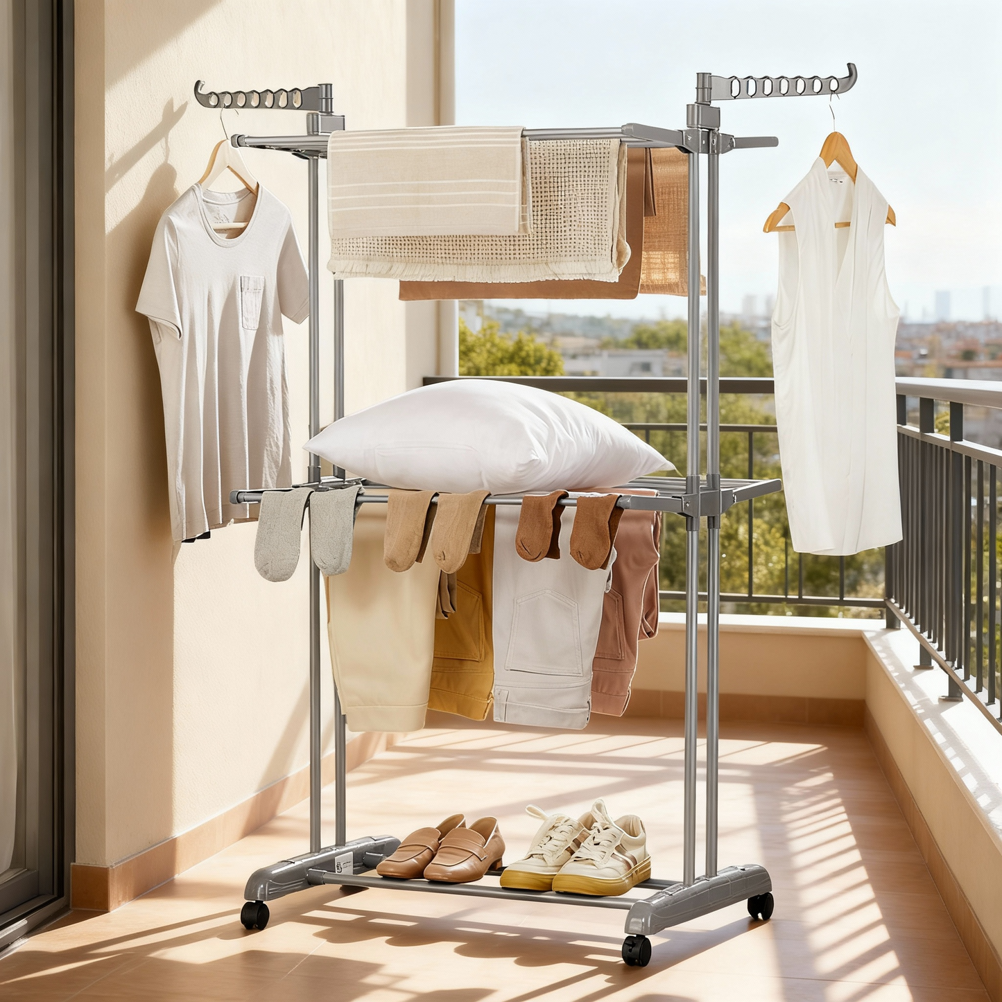 3-Tier Foldable Clothes Drying Rack, 58.3-Inch Stainless Steel Laundry Rack with Wheels for Indoor Outdoor Use, Dove Gray