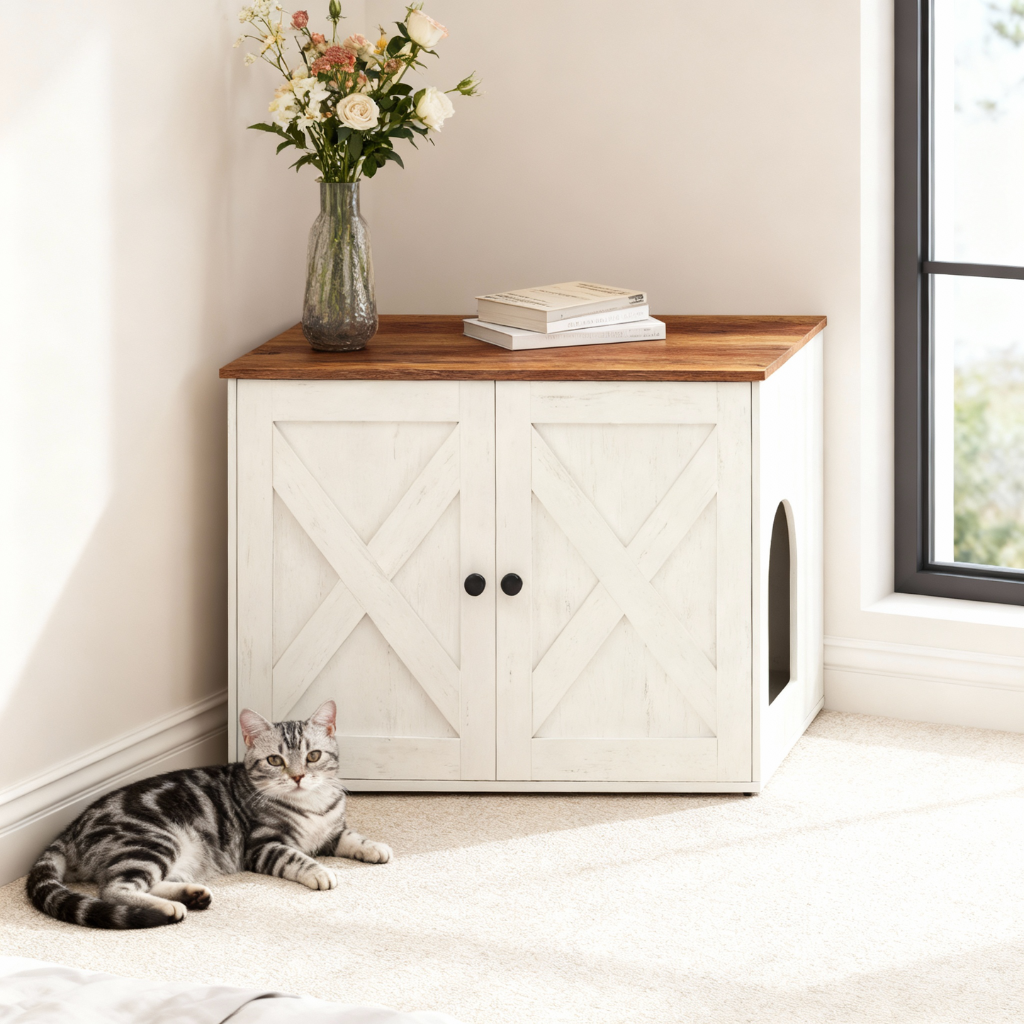 Litter Box Enclosure Furniture, Hidden Indoor Cat House and End Table, 27.6 x 19.7 Inches, Rustic White and Honey Brown