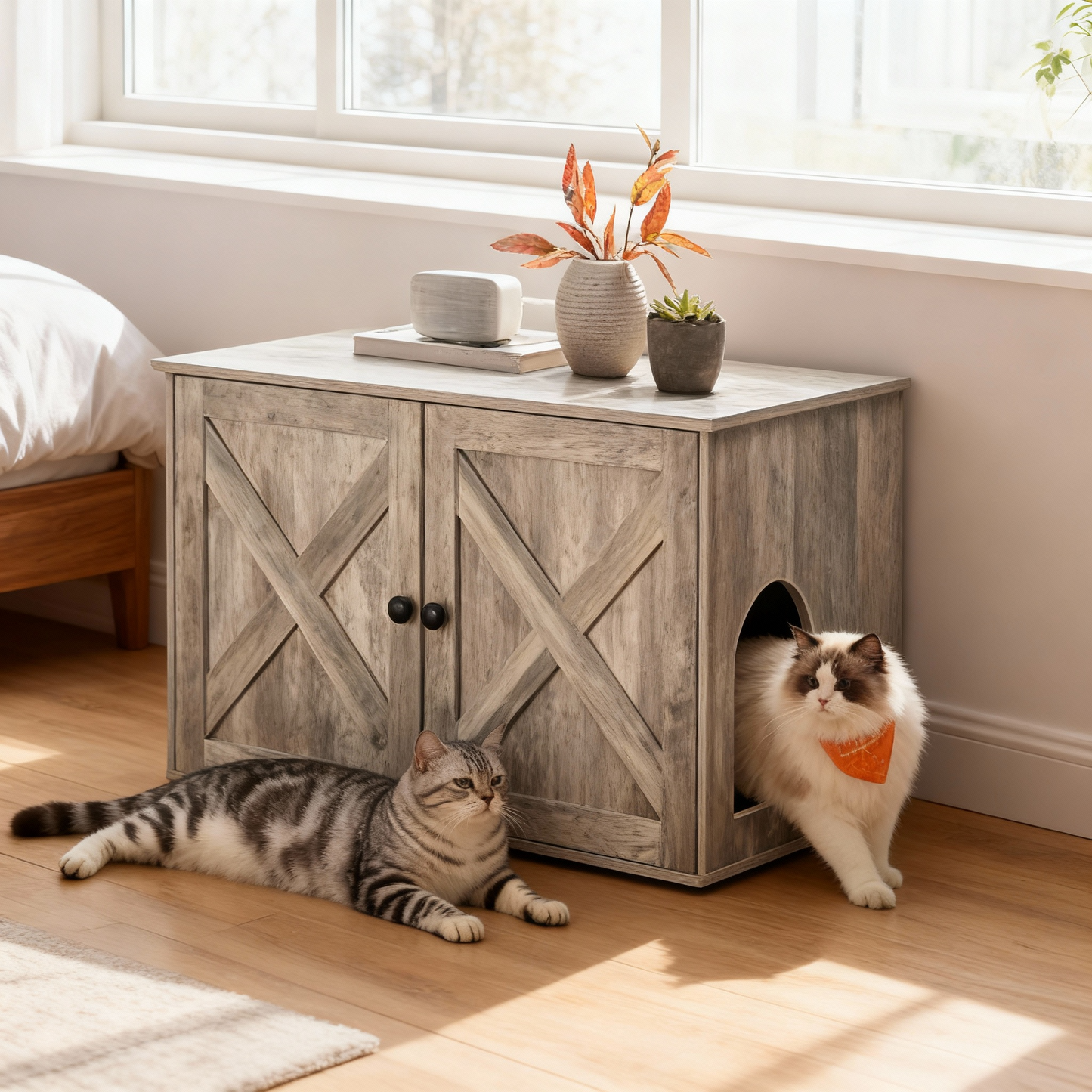 Litter Box Enclosure Furniture, Hidden Indoor Cat House and End Table, 27.6 x 19.7 Inches, Heather Greige