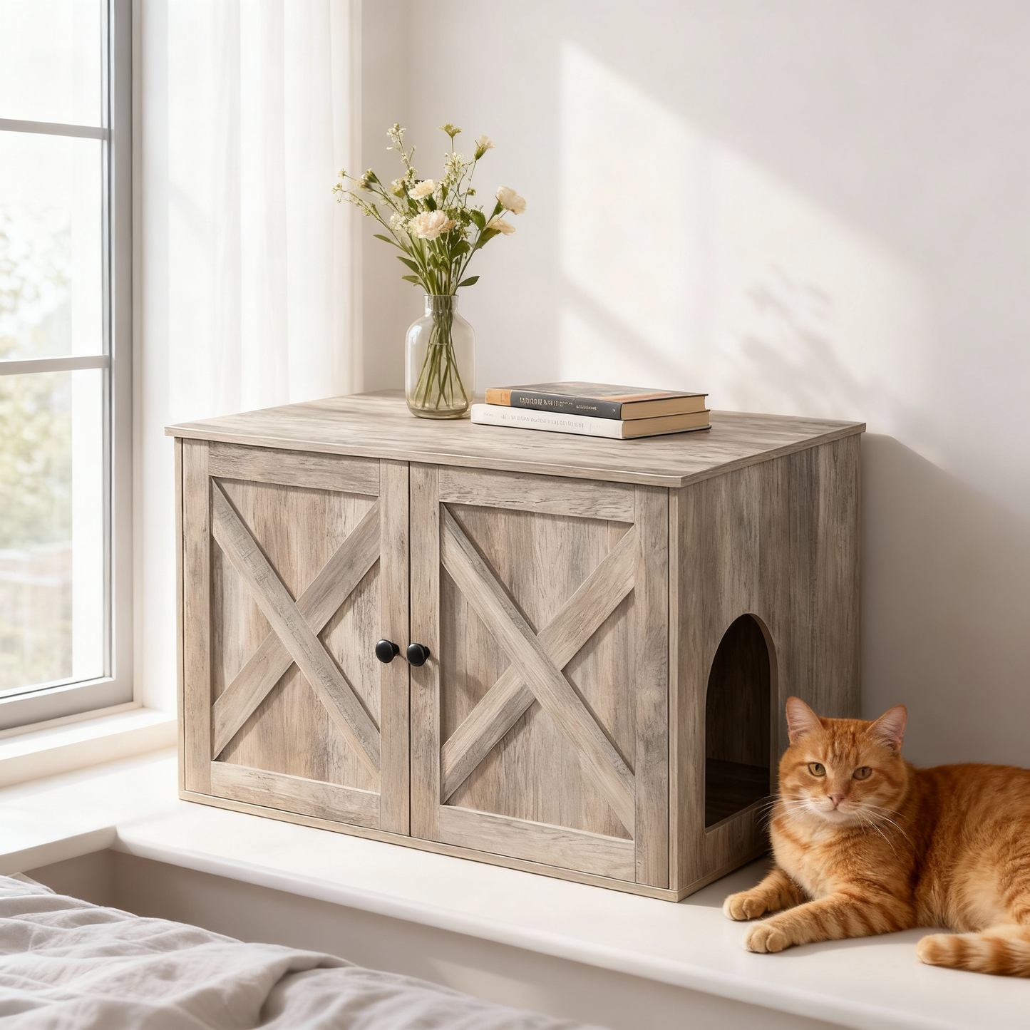 Litter Box Enclosure Furniture, Hidden Indoor Cat House and End Table, 27.6 x 19.7 Inches, Heather Greige