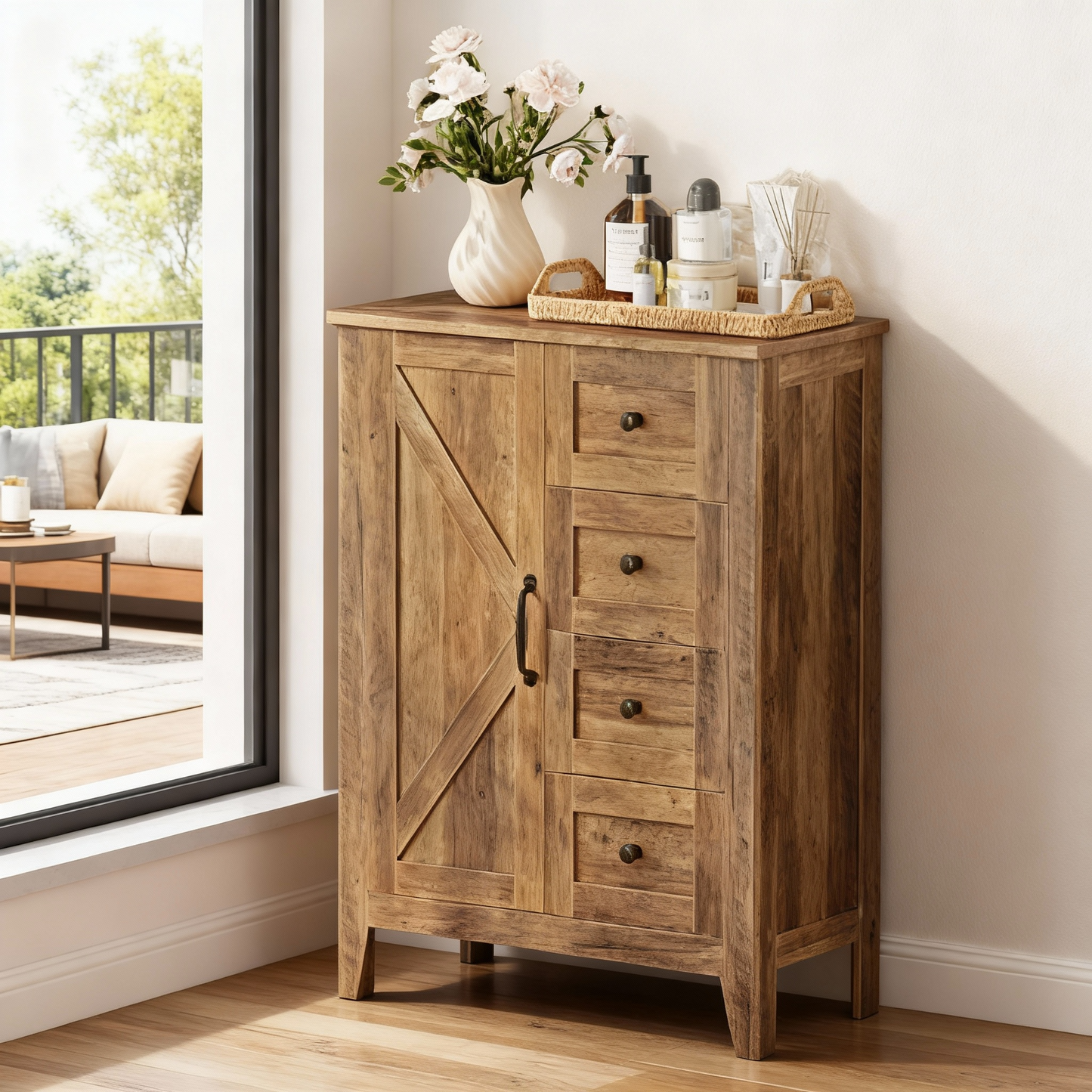 Farmhouse Storage Cabinet with 4 Drawers and Adjustable Shelf, Barn Door Floor Cabinet for Bathroom and Living Room, Honey Brown
