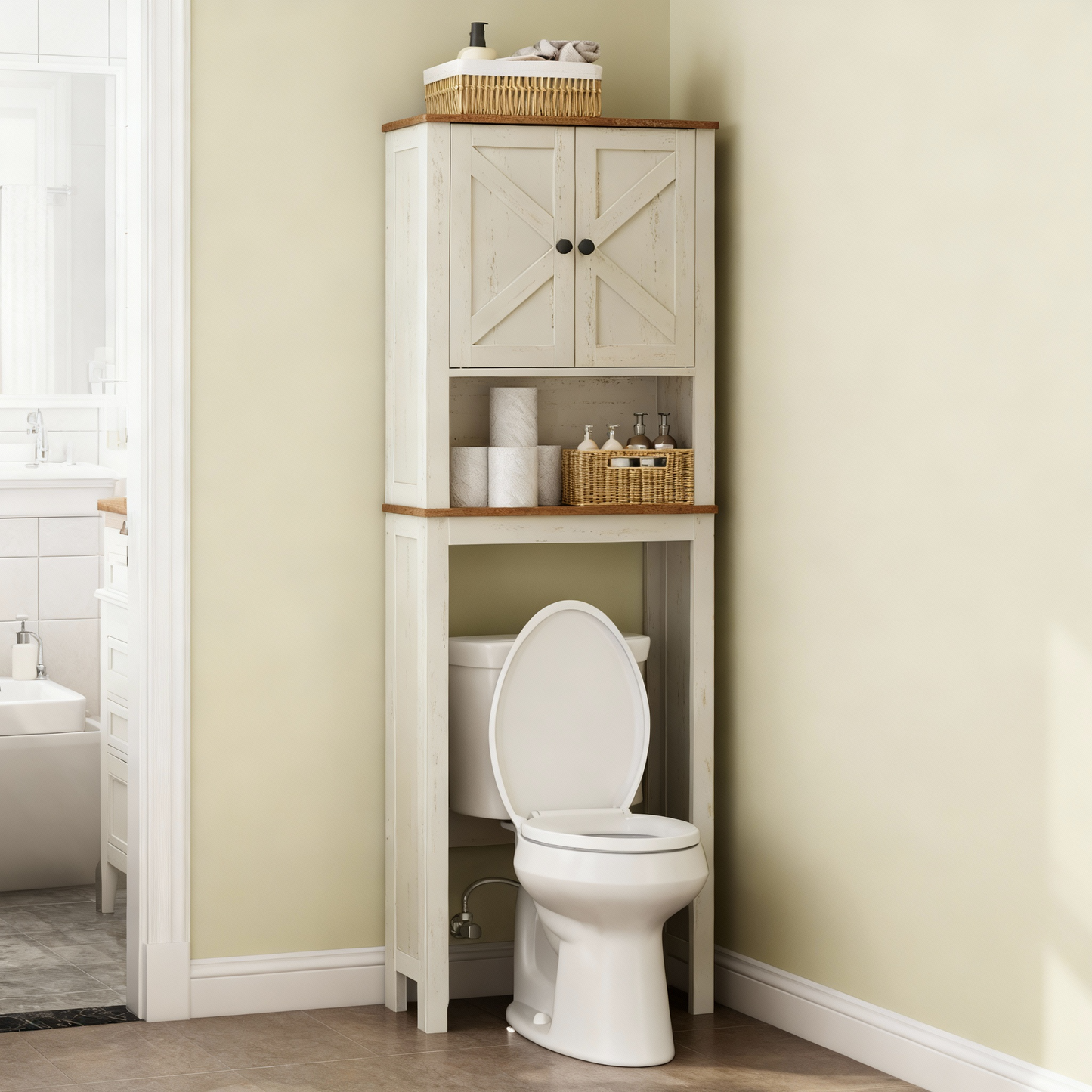 Over-The-Toilet Storage Cabinet with Barn Doors, Adjustable Shelf Farmhouse Bathroom Organizer, 23.6 Inch Wide, Rustic White