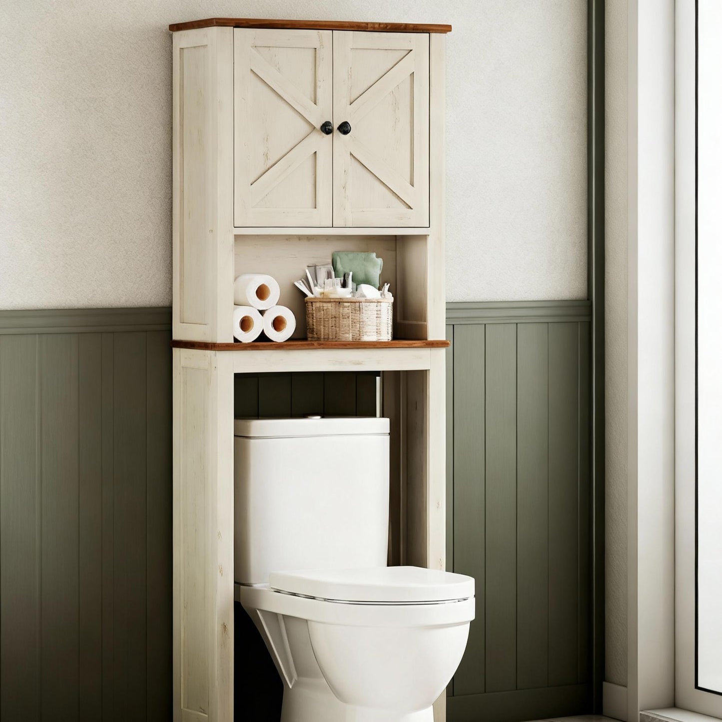 Over-The-Toilet Storage Cabinet with Barn Doors, Adjustable Shelf Farmhouse Bathroom Organizer, 23.6 Inch Wide, Rustic White