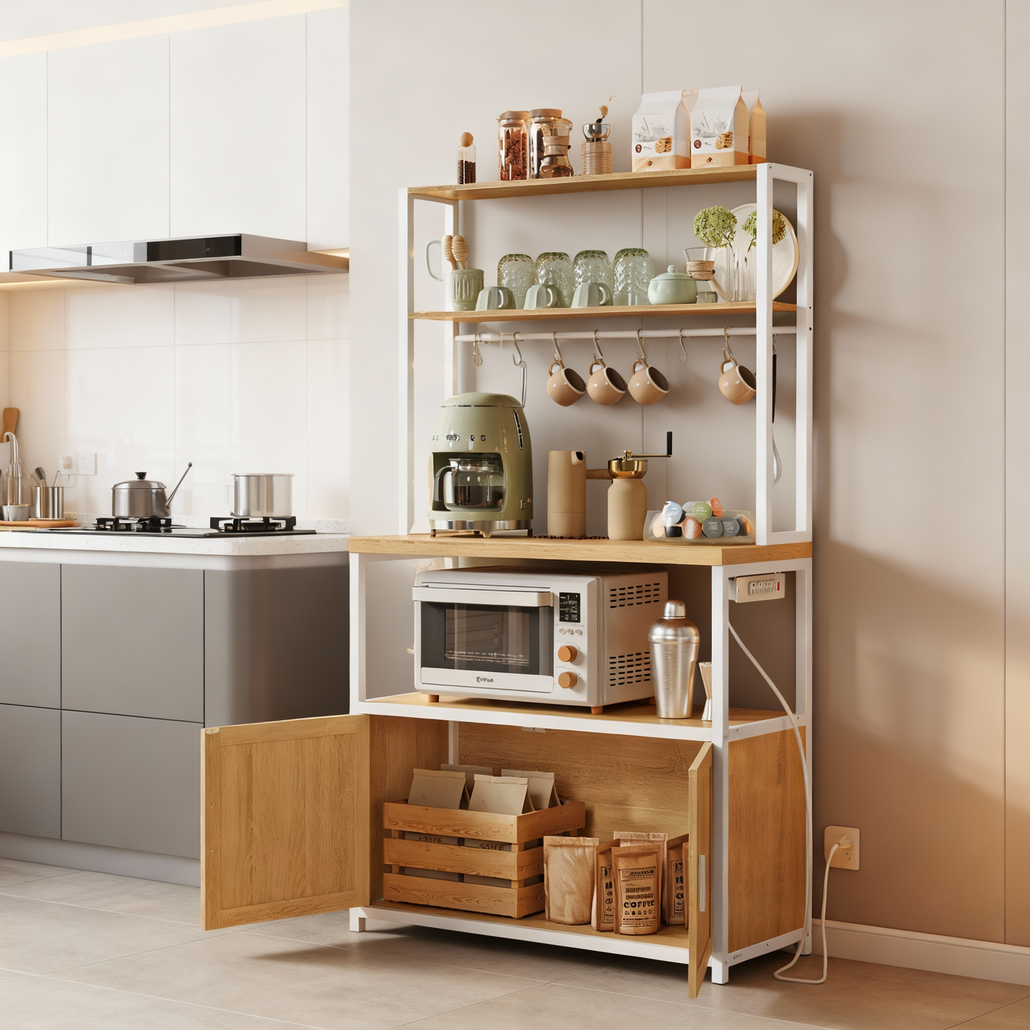Kitchen Bakers Rack with Power Outlet, Coffee Bar with 35.4-Inch High Worktop and Microwave Stand, Golden Oak and Cloud White