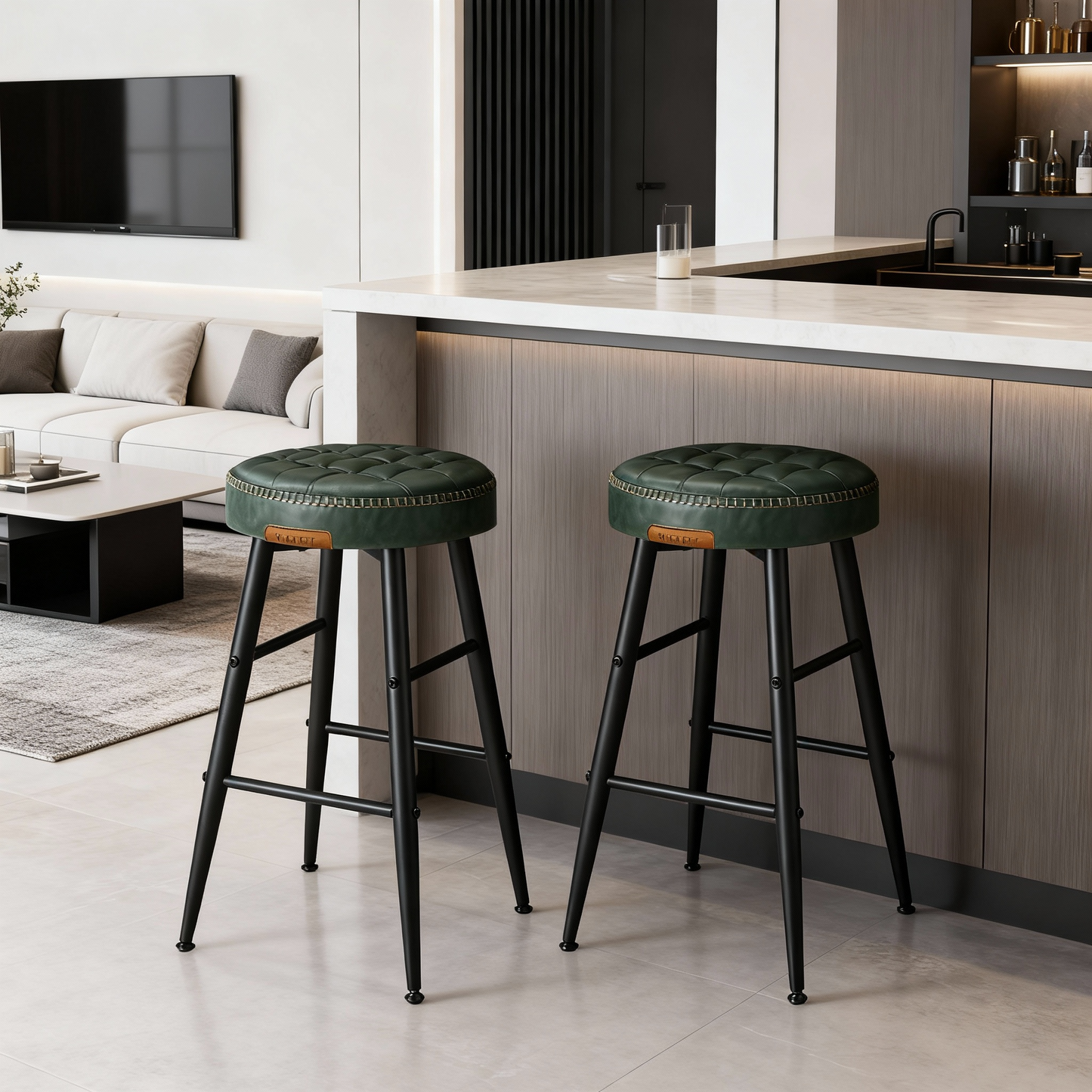 Set of 2 Counter Height Bar Stools, Mid-Century Modern Backless Stools with Staggered Footrests, 24.8-Inch Tall, Forest Green