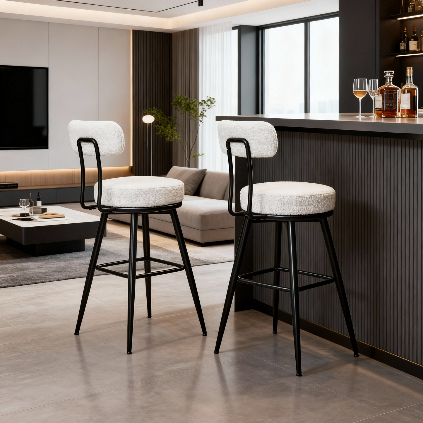 Set of 2 Swivel Bar Stools with Back, Counter Height Boucle Fabric Stools, 25.4-Inch Tall Modern Kitchen Stools, Cloud White