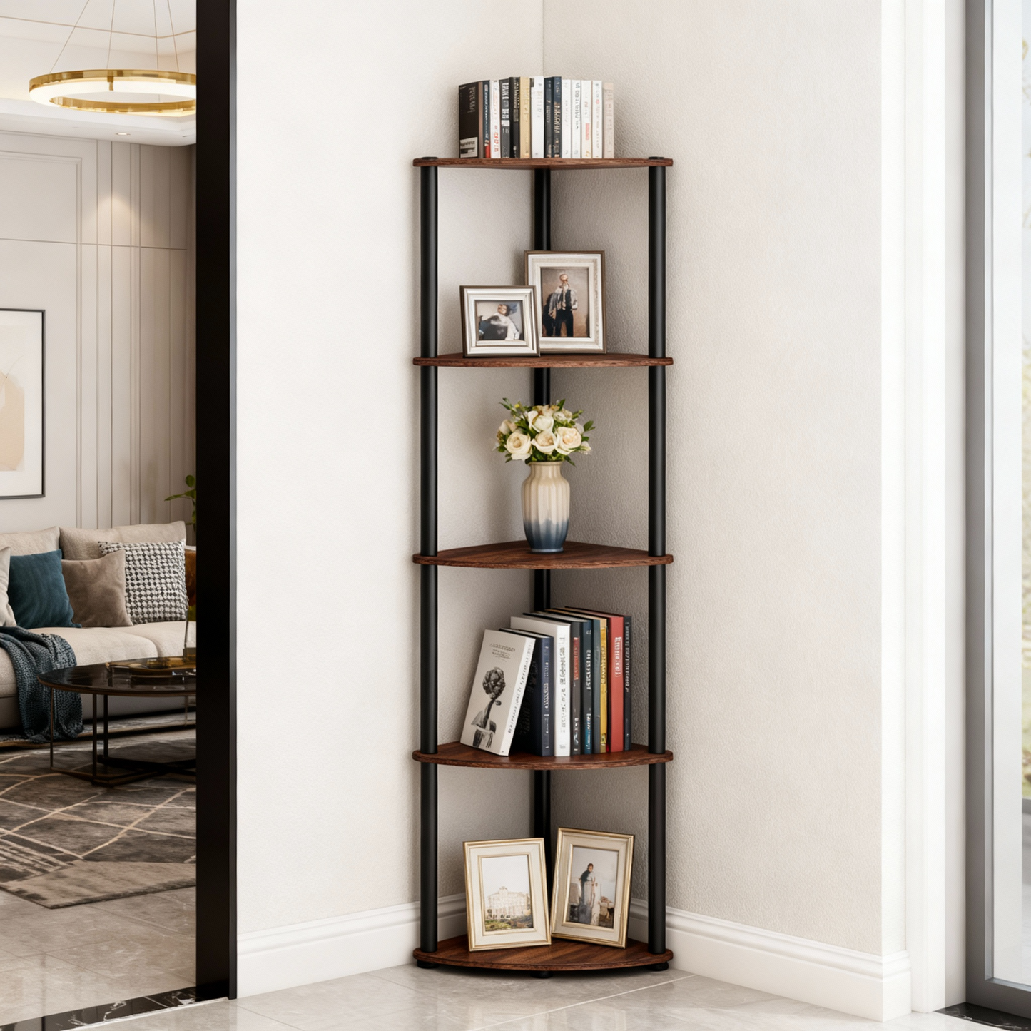 5-Tier Corner Shelf with Toolless Assembly, 15 x 10.6 Inch Standing Shelf for Living Room, Bedroom and Kitchen, Somber Walnut