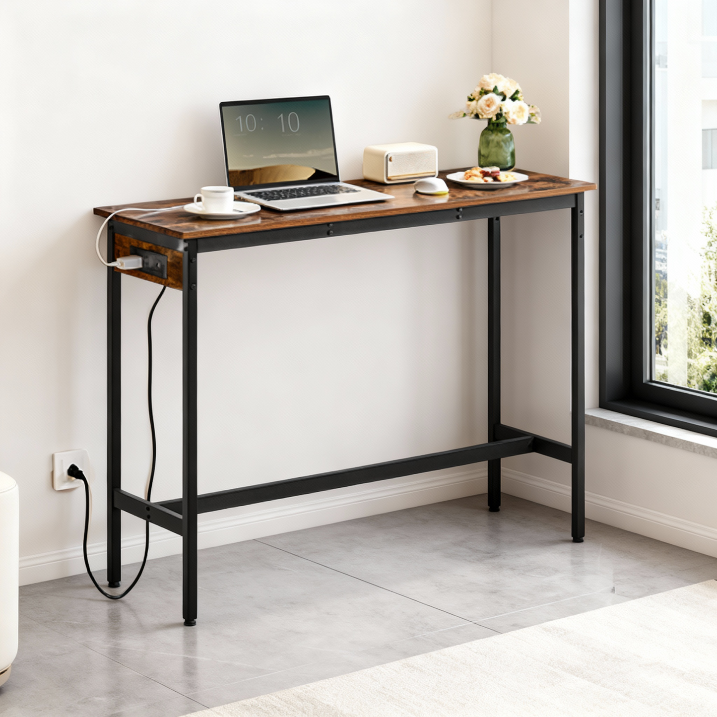 Narrow Bar Table with Charging Station, 47.2 Inch Kitchen Dining Table with USB Ports and Metal Frame, Rustic Brown and Ink Black