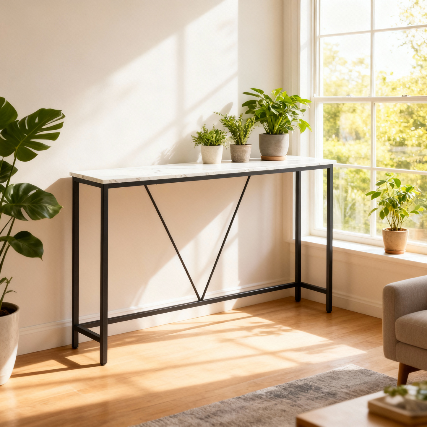 Narrow Console Sofa Table, 47.2-Inch Entryway Table with Steel Frame for Living Room and Bedroom, Marble White and Ink Black