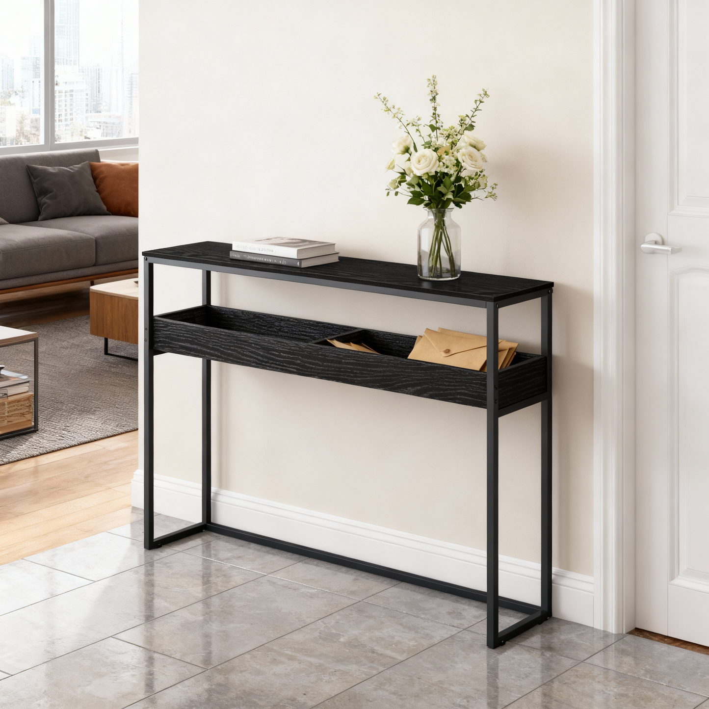 2-Tier Narrow Console Table, Semi-Open Compartment Entryway Table for Hallway and Living Room, Ebony Black and Ink Black