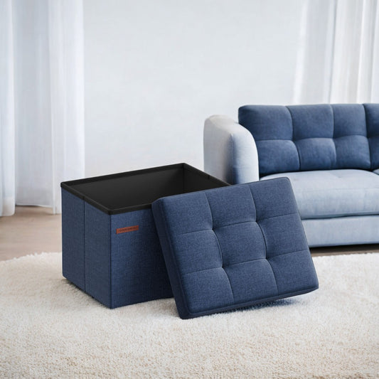 Foldable Storage Ottoman, 286 lb Capacity, 8 Gallon Storage, Linen-Look Tufted Design, for Living Room, Bedroom, Midnight Blue