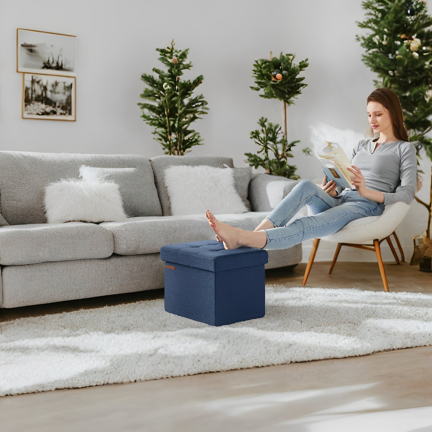 Foldable Storage Ottoman, 286 lb Capacity, 8 Gallon Storage, Linen-Look Tufted Design, for Living Room, Bedroom, Midnight Blue