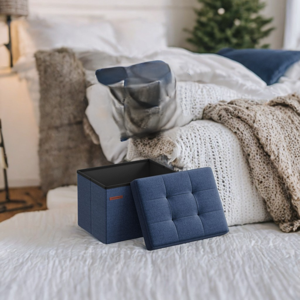 Foldable Storage Ottoman, 286 lb Capacity, 8 Gallon Storage, Linen-Look Tufted Design, for Living Room, Bedroom, Midnight Blue