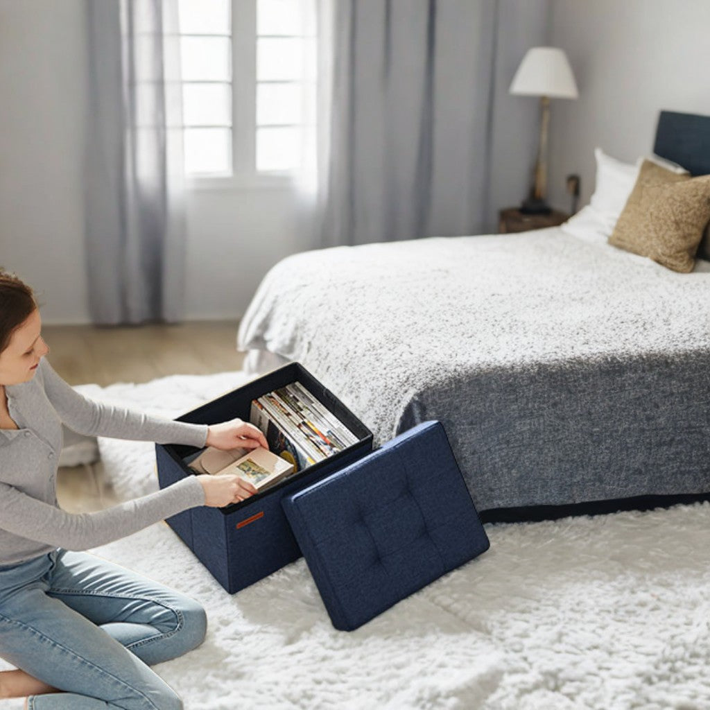 Foldable Storage Ottoman, 286 lb Capacity, 8 Gallon Storage, Linen-Look Tufted Design, for Living Room, Bedroom, Midnight Blue