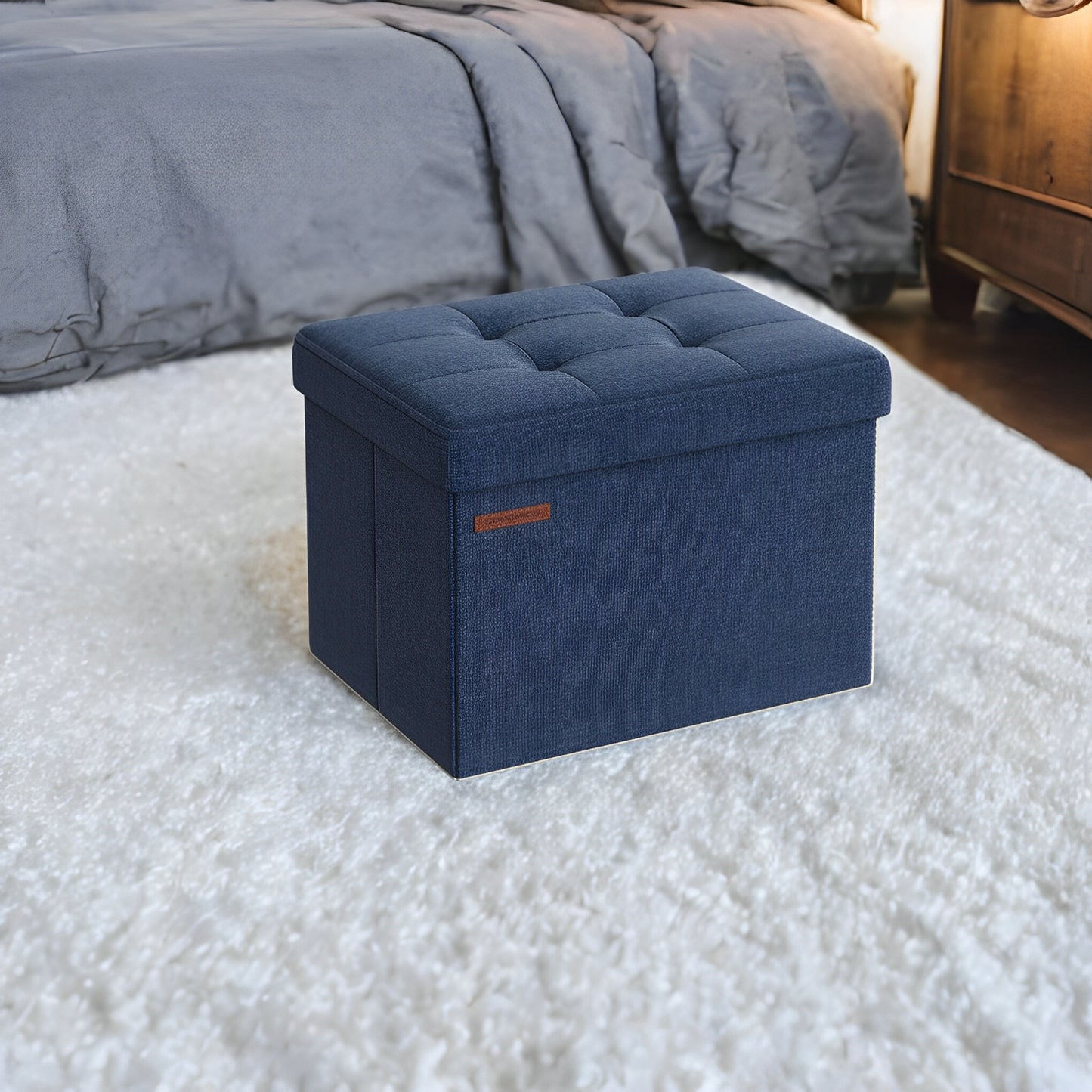 Foldable Storage Ottoman, 286 lb Capacity, 8 Gallon Storage, Linen-Look Tufted Design, for Living Room, Bedroom, Midnight Blue