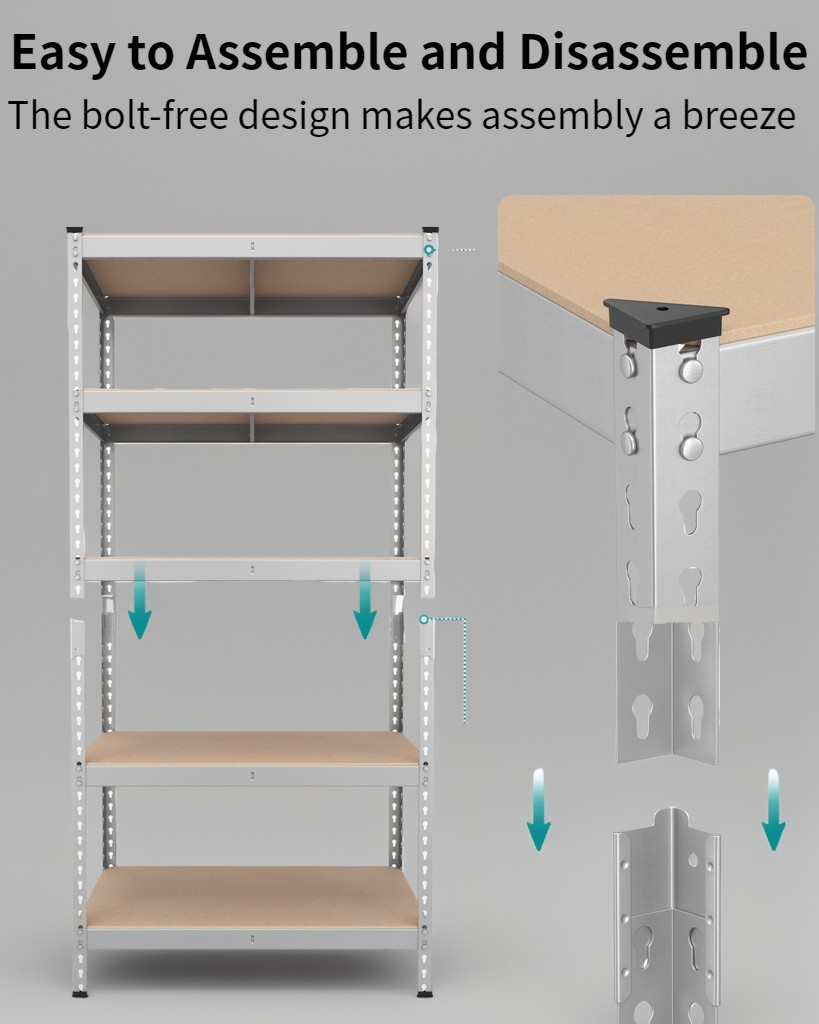 5-Tier Heavy Duty Storage Shelves, 2310 lb Capacity, Boltless Adjustable Shelving Unit, 17.7"x35.4"x70.9", for Garage Basement Study, Divisible into 2 Units, Silver,Beige