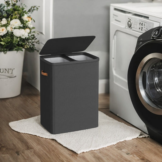 Laundry Hamper, 2-Compartment Clothes Sorter with Removable Inner Bags, Foldable Design, 44.9 Gal Capacity, Dust-Proof Lid & Handles, for Home & Laundry Room, Ink Black