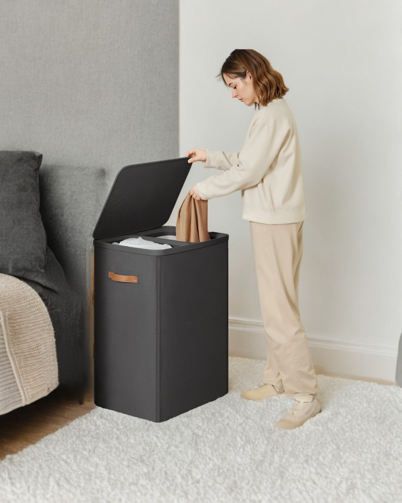 Laundry Hamper, 2-Compartment Clothes Sorter with Removable Inner Bags, Foldable Design, 44.9 Gal Capacity, Dust-Proof Lid & Handles, for Home & Laundry Room, Ink Black
