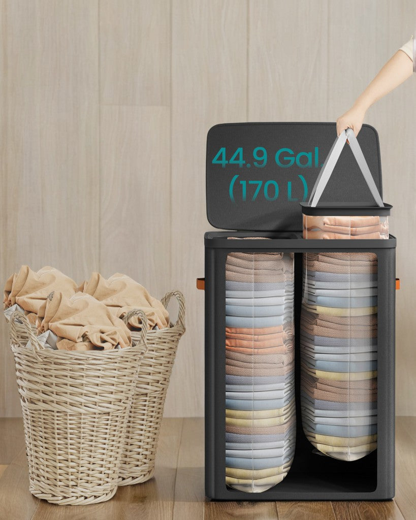 Laundry Hamper, 2-Compartment Clothes Sorter with Removable Inner Bags, Foldable Design, 44.9 Gal Capacity, Dust-Proof Lid & Handles, for Home & Laundry Room, Ink Black