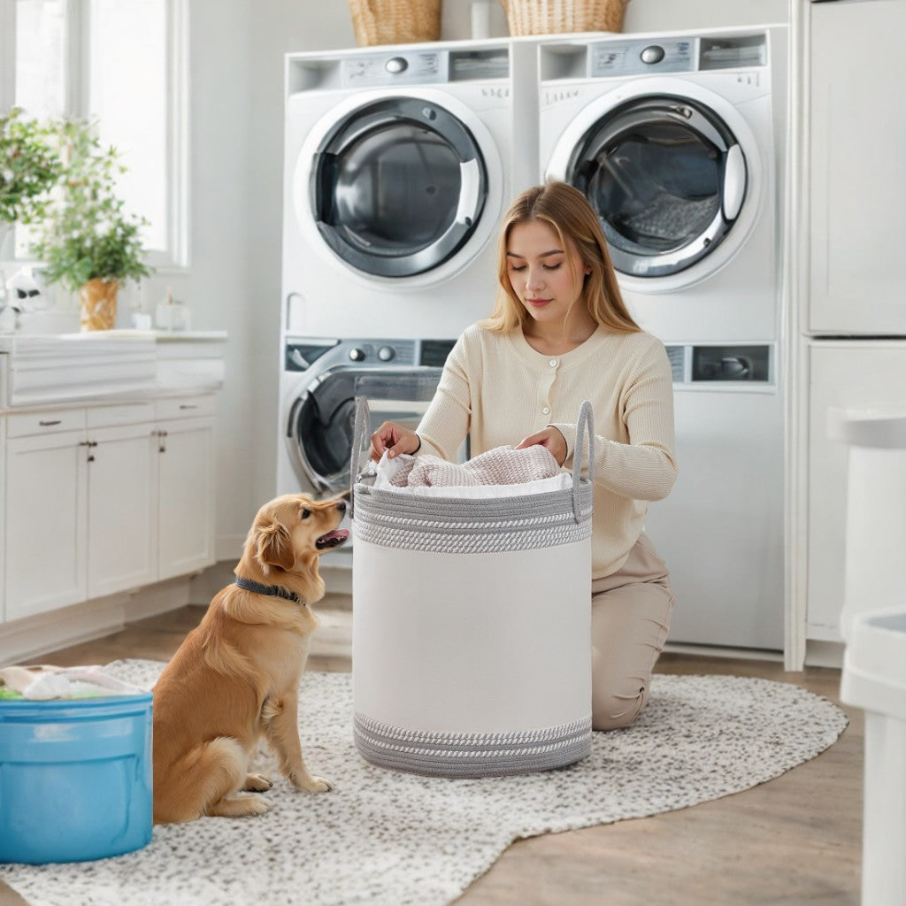 Laundry Hamper with Drawstring Lid, 60L (18.9 Gal) Large Capacity, Sturdy Poly-Cotton Blend & Reinforced Handles, for Clothes, Blankets, Bedroom, Living Room， Dove Gray